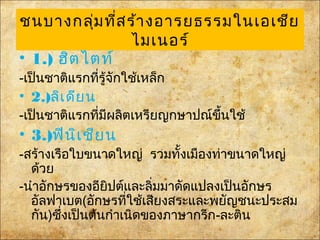 ชนบางกลุ่มที่สร้างอารยธรรมในเอเชีย
ไมเนอร์
• 1.) ฮิตไตท์
-เป็นชาติแรกที่รู้จักใช้เหล็ก
• 2.)ลิเดียน
-เป็นชาติแรกที่มีผลิตเหรียญกษาปณ์ขึ้นใช้
• 3.)ฟินิเชียน
-สร้างเรือใบขนาดใหญ่ รวมทั้งเมืองท่าขนาดใหญ่
ด้วย
-นำาอักษรของอียิปต์และลิ่มมาดัดแปลงเป็นอักษร
อัลฟาเบต(อักษรที่ใช้เสียงสระและพยัญชนะประสม
กัน)ซึ่งเป็นต้นกำาเนิดของภาษากรีก-ละติน
 