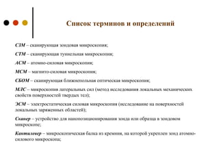 Список терминов и определений
СЗМ – сканирующая зондовая микроскопия;
СТМ – сканирующая туннельная микроскопия;
АСМ – атомно-силовая микроскопия;
МСМ – магнито-силовая микроскопия;
СБОМ – сканирующая ближнепольная оптическая микроскопия;
МЛС – микроскопия латеральных сил (метод исследования локальных механических
свойств поверхностей твердых тел);
ЭСМ – электростатическая силовая микроскопия (исследование на поверхностей
локальных заряженных областей);
Сканер – устройство для нанопозиционирования зонда или образца в зондовом
микроскопе;
Кантилевер – микроскопическая балка из кремния, на которой укреплен зонд атомно-
силового микроскопа;
 