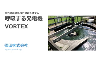 重力渦水式小水力発電システム
呼吸する発電機
VORTEX
http://www.gifu-shinoda.co.jp/
篠田株式会社
 