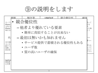 ⑨の説明をします
課題
カーナビが高い
iPhoneの地図は進行
方向に回転しない
iPhoneの地図は現在
地が分かりにくい
解決策
iPhoneのMAPをカー
ナビとして利用
地図が進行方向に回
転する機能の提供
現在地を分かりやす
く
する
UNIQUE
VALUE
PROPOSITION
今すぐ使える
無料のカーナビ
競合優位性 顧客
iPhone＆車を持って
いて、カーナビを
持っていない人
カーナビを買った物
の地図が、古くて
困っている人
代替手段
本の地図を車に積む
古いカーナビを使い
続けている
我慢してiPhoneの地
図を使う
主要指標
ダウンロード数
ダウンロード後に実
際に利用した人数
継続的に利用してい
る人数
HIGH-LEVEL
CONCEPT
携帯が
カーナビになります
顧客流入元
AppStore
アーリー
アダプター
カーナビが買えてない人、
更にiPhoneを車に持ち込
んで車体にセットするや
つを持っていて音楽を鳴
らしてる人だと敷居が低
い
費用構造
AppStore手数料 8400円/年
開発費
広告費
収益の流れ
無料アプリなので広告収入
⑨
• 競合優位性
– 他者より優れている要素
• 内部情報
• 正当な「専門家」の支援
• ドリームチーム
• その人の信頼性
• 巨大なネットワーク効果
• コミュニティ
• 既存顧客
• SEOランキング
RUNNING LEAN 実践リーンスタートアップ P.46より引用
 