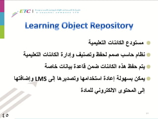 ‫التعليمية‬ ‫الكائنات‬ ‫مستودع‬
‫التعليمية‬ ‫الكائنات‬ ‫وإدارة‬ ‫وتصنيف‬ ‫لحفظ‬ ‫صمم‬ ‫حاسب‬ ‫نظام‬
‫خاصة‬ ‫بيانات‬ ‫قاعدة‬ ‫ضمن‬ ‫الكائنات‬ ‫هذه‬ ‫حفظ‬ ‫يتم‬
‫إلى‬ ‫وتصديرها‬ ‫استخدامها‬ ‫إعادة‬ ‫بسهولة‬ ‫يمكن‬LMS‫وإضافتها‬
‫للمادة‬ ‫االلكتروني‬ ‫المحتوى‬ ‫إلى‬
45
45
 