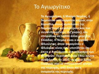 Το Αγιωργίτικο
Σο Αγιωργίτικο, ι Μαφρο Νεμζασ, ι
Νεμεάτικο καλλιεργείται κυρίωσ ςτθν
Κορινκία, ςτουσ αμπελϊνεσ τθσ
Νεμζασ (τουσ μεγαλφτερουσ και πιο
ςυγκεντρωμζνουσ τθσ χϊρασ), και
ςποραδικά ςε πολλά άλλα μζρθ τθσ
Ελλάδασ. Η Νεμζα είναι ο αρχαίοσ
Φλιοφντασ, όπου παραγόταν ο
Φλιάςκοσ οίνοσ που υποτίκεται ότι
ζπινε ο Αγαμζμνων ςτα ανάκτορα των
Μυκθνϊν. Περιθγθτζσ του 19ου αιϊνα
αναφζρουν, το 1820, το χωριό Άγιοσ
Γεϊργιοσ ςαν το οινοποιθτικό κζντρο
τθσ περιοχισ, από όπου και θ
ονομαςία τθσ περιοχισ.
 