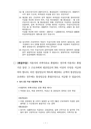- 7 -
(Q) 월 소정근로시간이 209시간이고, 통상임금이 110만원입니다. 생활하기
너무 힘이 드는데, 최저임금 이상을 받고 있는 것인지요?
(A) 월급을 받는 근로자의 경우 월급이 최저임금 이상인지를 알아보려면
시급을 계산해 보아야 하며, 시급 계산방법은 <월 통상임금 ÷ 월 소정
근로시간 >입니다. 월 통상임금은 매월 고정적으로 지급하는 임금만을
포함하며, 실제 추가적으로 근무를 해야만 지급하는 수당(시간외근로
수당 등) 및 복리후생․생활복지 수당(식비, 가족수당, 교통비 등) 등은
제외합니다.
시급을 계산해 보면 110만원 ÷ 209시간 = 5,263원으로, 최저임금 4,860원
이상(최저임금의 108%)을 받고 있습니다.
(Q) 입사하여 근로계약서 작성시 수습기간에 대해 정하지 않았는데, 급여
지급때가 되니 3개월 동안은 최저임금에서 10%를 삭감해서 지급한다고
통보 받았습니다. 받아들여야 하는 건지요?
(A) 아닙니다. 미리 수습기간과 급여삭감에 대해 서면으로 합의하지 않았을
경우 일방적으로 임금을 삭감할 수 없습니다. 일방적으로 삭감하였을
경우 임금체불에 해당됩니다.
□ [휴업수당] 사용자의 귀책사유로 휴업하는 경우에 사용자는 휴업
기간 동안 그 근로자에게 평균임금의 70% 이상의 수당을 지급하
여야 합니다. 다만 평균임금의 70%에 해당하는 금액이 통상임금을
초과하는 경우에는 통상임금을 휴업수당으로 지급할 수 있습니다.
※ 상시 5인 이상 사업장에 적용
<사용자의 귀책사유로 인한 휴업 예시>
○작업량 감소, 제품 판매부진, 자금난 등 경영상의 장애로 인한 휴업
<평균임금>
○이를 산정해야 할 사유가 발생한 날 이전 3월간 근로자에게 지급된 급여
총액을 그 기간동안의 총일수로 나눈 금액
<통상임금>
○정기적․일률적으로 지급되는 고정급여로, 실제 근무시간 및 일수에 구속
됨이 없이 고정적으로 지급되는 금액 (기본급, 체력단련비, 가족수당 등)
 