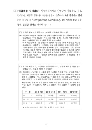 - 8 -
□ [임금체불 구제방안] 임금체불시에는 사업주에 지급청구, 진정,
민사소송, 체당금청구등다양한방법이있습니다. 3년이내에는언제
든지청구할수 있으며(임금채권소멸시효 3년), 전문가와의상담 등을
통해 현명한 전략을 세워야 합니다.
(Q) 임금이 체불되고 있습니다. 어떻게 대응해야 하는지요?
(A) 시간외근로수당이 체불되었을 경우 시간외근로를 한 입증자료를 최대한
수집하고 (나머지 임금은 사용자가 지불 입증), 회사의 재산상태(소유
재산, 거래계좌, 거래처 채권 등)를 파악합니다.
이후 사업주에게 내용증명(내역 상세히 명시)을 보내 체불임금 지급을
요청합니다. 내용증명 이후에도 체불임금 지급이 이루어지지 않으면
고용노동부에 진정(고용노동부 홈페이지 참조, 고객상담센터 1350 문의)을
제기하고 사업주 자산에 대한 가압류 절차(법률구조공단 등 도움)를 동시에
진행합니다. 고용노동부의 체불임금 지급지시 및 형사처벌에도 사업주가
체불임금을 지급하지 않으면 민사소송을 진행하여 강제집행을 통해
임금을 받아야 합니다.
(Q) 회사는 폐업되고, 사업주는 잠적하였습니다. 임금과 퇴직금 등을 받지
못했습니다. 어떻게 해야 하는지요?
(A) 국가에서 사업주를 대신해서 밀린 임금을 지급해 주는 체당금 제도가
있습니다. 적용대상은 산재보험 당연적용 사업장으로, 6개월이상 사업을
운영한 사업장입니다. 체당금제도 이용을 위해서는 고용노동부에 임금
체불 진정(고소) 및 체당금신청(도산 등 사실인정 신청)을 해야 합니다.
체당금으로 받을 수 있는 임금은 퇴사 직전 3개월의 임금, 3개월의 휴업
수당, 3년치 퇴직금이며, 퇴직당시 연령에 따라 상한액이 정해져 있습
니다.
구 분 30세 미만 30세~39세 40세~49세 50세 이상
임 금 150만원 240만원 260만원 210만원
퇴 직 금 150만원 240만원 260만원 210만원
휴 업 수 당 105만원 168만원 182만원 147만원
※ 임금과 휴업수당은 1월분 기준, 퇴직금은 1년분 기준임
 