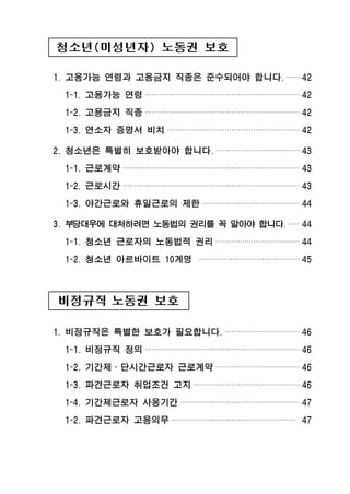 청소년(미성년자) 노동권 보호
1. 고용가능 연령과 고용금지 직종은 준수되어야 합니다. ······ 42
1-1. 고용가능 연령 ······································································ 42
1-2. 고용금지 직종 ······································································ 42
1-3. 연소자 증명서 비치 ···························································· 42
2. 청소년은 특별히 보호받아야 합니다. ······································ 43
1-1. 근로계약 ················································································ 43
1-2. 근로시간 ················································································ 43
1-3. 야간근로와 휴일근로의 제한 ············································ 44
3. 부당대우에 대처하려면 노동법의 권리를 꼭 알아야 합니다. ····· 44
1-1. 청소년 근로자의 노동법적 권리 ······································ 44
1-2. 청소년 아르바이트 10계명 ············································· 45
비정규직 노동권 보호
1. 비정규직은 특별한 보호가 필요합니다. ·································· 46
1-1. 비정규직 정의 ······································································ 46
1-2. 기간제․단시간근로자 근로계약 ······································ 46
1-3. 파견근로자 취업조건 고지 ················································ 46
1-4. 기간제근로자 사용기간 ······················································ 47
1-2. 파견근로자 고용의무 ························································ 47
 