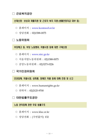 - 53 -
□ 근로복지공단
산재신청․보상과 재활지원 및 근로자 복지 지원(생활안정자금 대부 등)
○ 홈페이지 : www.kcomwel.or.kr
○ 상담전화 : 02)1588-0075
□ 노동위원회
부당해고 등, 부당 노동행위, 차별시정 등에 대한 구제신청
○ 홈페이지 : www.nirc.go.kr
○ 서울지방노동위원회 : 02)1588-0075
○ 중앙노동위원회 : 02)3273-0226
□ 국가인권위원회
인권침해, 차별시정, 성희롱, 장애인 차별 등에 대해 진정 및 신고
○ 홈페이지 : www.humanrights.go.kr
○ 연락처 : 02)2125-9700
□ 대한법률구조공단
노동 권익침해 관련 무료 법률구조
○ 홈페이지 : www.klac.or.kr
○ 상담전화 : (국번없이) 132
 