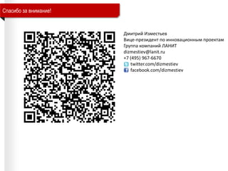 Спасибо за внимание!
Дмитрий Изместьев
Вице-президент по инновационным проектам
Группа компаний ЛАНИТ
dizmestiev@lanit.ru
+7 (495) 967-6670
twitter.com/dizmestiev
facebook.com/dizmestiev
 