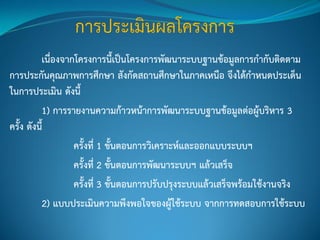เนื่องจากโครงการนี้เป็นโครงการพัฒนาระบบฐานข้อมูลการกากับติดตาม
การประกันคุณภาพการศึกษา สังกัดสถานศึกษาในภาคเหนือ จึงได้กาหนดประเด็น
ในการประเมิน ดังนี้
1) การรายงานความก้าวหน้าการพัฒนาระบบฐานข้อมูลต่อผู้บริหาร 3
ครั้ง ดังนี้
ครั้งที่ 1 ขั้นตอนการวิเคราะห์และออกแบบระบบฯ
ครั้งที่ 2 ขั้นตอนการพัฒนาระบบฯ แล้วเสร็จ
ครั้งที่ 3 ขั้นตอนการปรับปรุงระบบแล้วเสร็จพร้อมใช้งานจริง
2) แบบประเมินความพึงพอใจของผู้ใช้ระบบ จากการทดสอบการใช้ระบบ
 