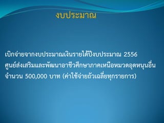 เบิกจ่ายจากงบประมาณเงินรายได้ปีงบประมาณ 2556
ศูนย์ส่งเสริมและพัฒนาอาชีวศึกษาภาคเหนือหมวดอุดหนุนอื่น
จานวน 500,000 บาท (ค่าใช้จ่ายถัวเฉลี่ยทุกรายการ)
 