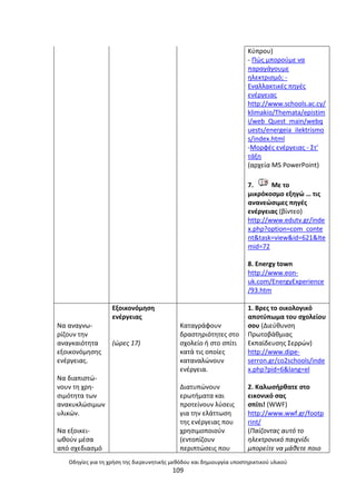 Οδθγίεσ για τθ χριςθ τθσ διερευνθτικισ μεκόδου και δθμιουργία υποςτθρικτικοφ υλικοφ
109
Κφπρου)
- Ρϊσ μποροφμε να
παραγάγουμε
θλεκτριςμό; -
Εναλλακτικζσ πθγζσ
ενζργειασ
http://www.schools.ac.cy/
klimakio/Themata/epistim
i/web_Quest_main/webq
uests/energeia_ilektrismo
s/index.html
-Μορφζσ ενζργειασ - Στ'
τάξθ
(αρχεία MS PowerPoint)
7. Με το
μικρόκοςμο εξθγϊ … τισ
ανανεϊςιμεσ πθγζσ
ενζργειασ (βίντεο)
http://www.edutv.gr/inde
x.php?option=com_conte
nt&task=view&id=621&Ite
mid=72
8. Energy town
http://www.eon-
uk.com/EnergyExperience
/93.htm
Να αναγνω-
ρίηουν τθν
αναγκαιότθτα
εξοικονόµθςθσ
ενζργειασ.
Να διαπιςτϊ-
νουν τθ χρθ-
ςιµότθτα των
ανακυκλϊςιµων
υλικϊν.
Να εξοικει-
ωκοφν µζςα
από ςχεδιαςµό
Εξοικονόµθςθ
ενζργειασ
(ϊρεσ 17)
Καταγράφουν
δραςτθριότθτεσ ςτο
ςχολείο ι ςτο ςπίτι
κατά τισ οποίεσ
καταναλϊνουν
ενζργεια.
∆ιατυπϊνουν
ερωτιµατα και
προτείνουν λφςεισ
για τθν ελάττωςθ
τθσ ενζργειασ που
χρθςιµοποιοφν
(εντοπίηουν
περιπτϊςεισ που
1. Βρεσ το οικολογικό
αποτφπωμα του ςχολείου
ςου (Διεφκυνςθ
Ρρωτοβάκμιασ
Εκπαίδευςθσ Σερρϊν)
http://www.dipe-
serron.gr/co2schools/inde
x.php?pid=6&lang=el
2. Καλωςιρκατε ςτο
εικονικό ςασ
ςπίτι! (WWF)
http://www.wwf.gr/footp
rint/
(Παίηοντασ αυτό το
θλεκτρονικό παιχνίδι
μπορείτε να μάκετε ποιο
 