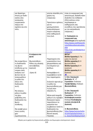 Οδθγίεσ για τθ χριςθ τθσ διερευνθτικισ μεκόδου και δθμιουργία υποςτθρικτικοφ υλικοφ
110
και δραςτθρι-
ότθτεσ µε διαδι-
καςίεσ εξοι-
κονόµθςθσ
ενεργειακϊν
πόρων ςτο
ςχολείο και ςτο
ςπίτι.
γίνεται ςπατάλθ ςτθ
χριςθ τθσ
ενζργειασ).
Ρροτείνουν τρόπουσ
για τθ
χρθςιµοποίθςθ
ανακυκλϊςιµων
πθγϊν ενζργειασ
ςτθν κακθµερινι
τουσ ηωι.
είναι το ενεργειακό ςασ
αποτφπωμα, δθλαδι πόςο
διοξείδιο του άνκρακα
(CO2) εκλφουν ςτθν
ατμόςφαιρα οι
κακθμερινζσ ςασ
ςυνικειεσ που ςχετίηονται
με τθν κατανάλωςθ
ενζργειασ.)
3. Υπολογίςτε το
ενεργειακό ςασ
αποτφπωμα (ςτα αγγλικά)
http://www.cooltheworld.
com/kidscarboncalculator.
php
http://calc.zerofootprint.n
et/youth/
Να ςυςχετίηουν
τθ διαδικαςία
τθσ φωτο-
ςφνκεςθσ µε τισ
ενεργει-ακζσ
ανάγκεσ των
φυτϊν και να
αναγνωρίηουν
το ρόλο του
ιλιου ςτθ
διαδικαςία
αυτι.
Να αναγνω-
ρίηουν το ρόλο
τθσ χλω-
ροφφλλθσ ςτθ
διαδικαςία τθσ
φωτο-
ςφνκεςθσ.
Να αναφζ-ρουν
ποιεσ ουςίεσ
χρθ-
ςιµοποιοφνται
Θ ενζργεια ςτα
φυτά
Φωτοςφνκεςθ -
΢όλοσ τθσ θλιακισ
ακτινοβολίασ
∆ιαπνοι
(ϊρεσ 4)
Ραρατθροφν ςτο
µικροςκόπιο τουσ
χλωροπλάςτεσ και
τα ςτόµατα των
φφλλων.
Καταγράφουν ι
ηωγραφίηουν αυτά
που παρατθροφν.
Συηθτοφν ςχετικά µε
το ρόλο τθσ
φωτοςφνκεςθσ για
τθ ηωι ςτον
πλανιτθ Γθ.
Μζςα από παιχνίδι
ρόλων ι τθ «γραφι»
κεατρικοφ ζργου
παριςτάνουν τα
γεγονότα που
ςυµβαίνουν κατά τθ
διαδικαςία τθσ
φωτοςφνκεςθσ.(Αις
κθτικι αγωγι,
Γλϊςςα).
ΦΥΤΑ*
Φφλλο Εργαςίασ 1: Τα
μζρθ του φυτοφ
Φφλλο εργαςίασ 2: Θ
φωτοςφνκεςθ
Φφλλο Εργαςίασ 3: Θ
αναπνοι
Φφλλο εργαςίασ 4: Θ
διαπνοι

1. Εκπ. λογιςμικό:
Βιολογία Αϋ - Γϋ
Γυμναςίου- Ενότθτα:
Τροφι κρζψθ, Επιλογι:
Φωτοςφνκεςθ
2. Εκπ. λογιςμικό:
Βιολογία Αϋ - Γϋ
Γυμναςίου- Ενότθτα:
Κυκλοφορία ουςιϊν:
Επιλογι Κυκλοφορία
ουςιϊν ςτα φυτά &
Διαπνοι
3. Φωτοςφνκεςθ
http://www.harcourtscho
ol.com/activity/science_u
p_close/512/deploy/interf
 