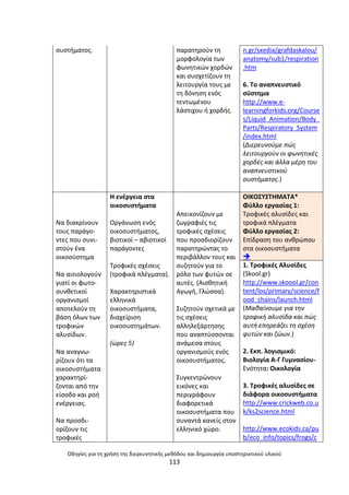 Οδθγίεσ για τθ χριςθ τθσ διερευνθτικισ μεκόδου και δθμιουργία υποςτθρικτικοφ υλικοφ
113
ςυςτιµατοσ. παρατθροφν τθ
μορφολογία των
φωνθτικϊν χορδϊν
και ςυςχετίηουν τθ
λειτουργία τουσ µε
τθ δόνθςθ ενόσ
τεντωμζνου
λάςτιχου ι χορδισ.
n.gr/sxedia/grafdaskalou/
anatomy/sub1/respiration
.htm
6. Το αναπνευςτικό
ςφςτθμα
http://www.e-
learningforkids.org/Course
s/Liquid_Animation/Body_
Parts/Respiratory_System
/index.html
(Διερευνοφμε πϊσ
λειτουργοφν οι φωνθτικζσ
χορδζσ και άλλα μζρθ του
αναπνευςτικοφ
ςυςτιματοσ.)
Να διακρίνουν
τουσ παράγο-
ντεσ που ςυνι-
ςτοφν ζνα
οικοςφςτθµα
Να αιτιολογοφν
γιατί οι φωτο-
ςυνκετικοί
οργανιςµοί
αποτελοφν τθ
βάςθ όλων των
τροφικϊν
αλυςίδων.
Να αναγνω-
ρίηουν ότι τα
οικοςυςτιµατα
χαρακτθρί-
ηονται από τθν
είςοδο και ροι
ενζργειασ.
Να προςδι-
ορίηουν τισ
τροφικζσ
Θ ενζργεια ςτα
οικοςυςτιµατα
Οργάνωςθ ενόσ
οικοςυςτιµατοσ,
βιοτικοί – αβιοτικοί
παράγοντεσ
Τροφικζσ ςχζςεισ
(τροφικά πλζγµατα).
Χαρακτθριςτικά
ελλθνικά
οικοςυςτιµατα,
διαχείριςθ
οικοςυςτθµάτων.
(ϊρεσ 5)
Απεικονίηουν µε
ηωγραφιζσ τισ
τροφικζσ ςχζςεισ
που προςδιορίηουν
παρατθρϊντασ το
περιβάλλον τουσ και
ςυηθτοφν για το
ρόλο των φυτϊν ςε
αυτζσ. (Αιςκθτικι
Αγωγι, Γλϊςςα).
Συηθτοφν ςχετικά µε
τισ ςχζςεισ
αλλθλεξάρτθςθσ
που αναπτφςςονται
ανάµεςα ςτουσ
οργανιςµοφσ ενόσ
οικοςυςτιµατοσ.
Συγκεντρϊνουν
εικόνεσ και
περιγράφουν
διαφορετικά
οικοςυςτιµατα που
ςυναντά κανείσ ςτον
ελλθνικό χϊρο.
ΟΛΚΟΣΥΣΤΘΜΑΤΑ*
Φφλλο εργαςίασ 1:
Τροφικζσ αλυςίδεσ και
τροφικά πλζγματα
Φφλλο εργαςίασ 2:
Επίδραςθ του ανκρϊπου
ςτα οικοςυςτιματα

1. Τροφικζσ Αλυςίδεσ
(Skool.gr)
http://www.skoool.gr/con
tent/los/primary/science/f
ood_chains/launch.html
(Μακαίνουμε για τθν
τροφικι αλυςίδα και πϊσ
αυτι επθρεάηει τθ ςχζςθ
φυτϊν και ηϊων.)
2. Εκπ. λογιςμικό:
Βιολογία Α-Γ Γυμναςίου-
Ενότθτα: Οικολογία
3. Τροφικζσ αλυςίδεσ ςε
διάφορα οικοςυςτιματα
http://www.crickweb.co.u
k/ks2science.html
http://www.ecokids.ca/pu
b/eco_info/topics/frogs/c
 