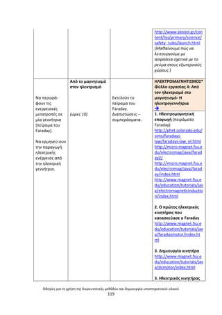 Οδθγίεσ για τθ χριςθ τθσ διερευνθτικισ μεκόδου και δθμιουργία υποςτθρικτικοφ υλικοφ
119
http://www.skoool.gr/con
tent/los/primary/science/
safety_rules/launch.html
(Μακαίνουμε πϊσ να
λειτουργοφμε με
αςφάλεια ςχετικά με το
ρεφμα ςτουσ εξωτερικοφσ
χϊρουσ.)
Να περιγρά-
φουν τισ
ενεργειακζσ
µετατροπζσ ςε
µία γεννιτρια
(πείραµα του
Faraday).
Να ερµθνεφ-ουν
τθν παραγωγι
θλεκτρικισ
ενζργειασ από
τθν θλεκτρικι
γεννιτρια.
Από το µαγνθτιςµό
ςτον θλεκτριςµό
(ϊρεσ 10)
Εκτελοφν το
πείραµα του
Faraday.
∆ιαπιςτϊςεισ –
ςυµπεράςµατα.
ΘΛΕΚΤ΢ΟΜΑΓΝΘΤΛΣΜΟΣ*
Φφλλο εργαςίασ 4: Από
τον θλεκτριςμό ςτο
μαγνθτιςμό- Θ
θλεκτρογεννιτρια

1. Θλεκτρομαγνθτικι
επαγωγι (πειράματα
Faraday)
http://phet.colorado.edu/
sims/faradays-
law/faradays-law_el.html
http://micro.magnet.fsu.e
du/electromag/java/farad
ay2/
http://micro.magnet.fsu.e
du/electromag/java/farad
ay/index.html
http://www.magnet.fsu.e
du/education/tutorials/jav
a/electromagneticinductio
n/index.html
2. Ο πρϊτοσ θλεκτρικόσ
κινθτιρασ που
καταςκεφαςε ο Faraday
http://www.magnet.fsu.e
du/education/tutorials/jav
a/faradaymotor/index.ht
ml
3. Δθμιουργία κινθτιρα
http://www.magnet.fsu.e
du/education/tutorials/jav
a/dcmotor/index.html
3. Θλεκτρικόσ κινθτιρασ
 