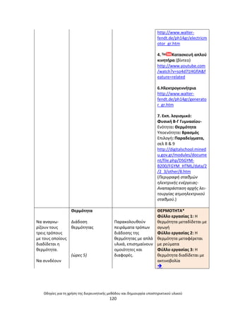 Οδθγίεσ για τθ χριςθ τθσ διερευνθτικισ μεκόδου και δθμιουργία υποςτθρικτικοφ υλικοφ
120
http://www.walter-
fendt.de/ph14gr/electricm
otor_gr.htm
4. Καταςκευι απλοφ
κινθτιρα (βίντεο)
http://www.youtube.com
/watch?v=so4d71HGflA&f
eature=related
6.Θλεκτρογεννιτρια
http://www.walter-
fendt.de/ph14gr/generato
r_gr.htm
7. Εκπ. λογιςμικό:
Φυςικι Β-Γ Γυμναςίου-
Ενότθτα: Κερμότθτα
Υποενότθτα: Βραςμόσ
Επιλογι: Ραραδείγματα,
ςελ 8 & 9
http://digitalschool.mined
u.gov.gr/modules/docume
nt/file.php/DSGYM-
B200/FGYM_HTML/data/2
/2_3/other/8.htm
(Περιγραφι ςτακμϊν
θλεκτρικισ ενζργειασ-
Αναπαράςταςθ αρχισ λει-
τουργίασ ατμοθλεκτρικοφ
ςτακμοφ.)
Να αναγνω-
ρίηουν τουσ
τρεισ τρόπουσ
µε τουσ οποίουσ
διαδίδεται θ
κερµότθτα.
Να ςυνδζουν
Κερµότθτα
∆ιάδοςθ
κερµότθτασ
(ϊρεσ 5)
Ραρακολουκοφν
πειράµατα τρόπων
διάδοςθσ τθσ
κερµότθτασ µε απλά
υλικά, επιςθµαίνουν
οµοιότθτεσ και
διαφορζσ.
ΚΕ΢ΜΟΤΘΤΑ*
Φφλλο εργαςίασ 1: Θ
κερμότθτα μεταδίδεται με
αγωγι
Φφλλο εργαςίασ 2: Θ
κερμότθτα μεταφζρεται
με ρεφματα
Φφλλο εργαςίασ 3: Θ
κερμότθτα διαδίδεται με
ακτινοβολία

 