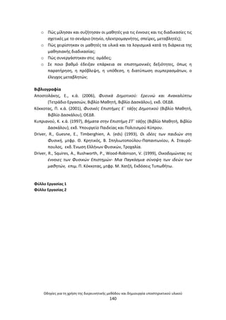 Οδθγίεσ για τθ χριςθ τθσ διερευνθτικισ μεκόδου και δθμιουργία υποςτθρικτικοφ υλικοφ
140
o Ρϊσ μίλθςαν και ςυηιτθςαν οι μακθτζσ για τισ ζννοιεσ και τισ διαδικαςίεσ τισ
ςχετικζσ με το ςενάριο (πθνίο, θλεκτρομαγνιτθσ, ςπείρεσ, μεταβλθτζσ);
o Ρϊσ χειρίςτθκαν οι μακθτζσ τα υλικά και τα λογιςμικά κατά τθ διάρκεια τθσ
μακθςιακισ διαδικαςίασ;
o Ρϊσ ςυνεργάςτθκαν ςτισ ομάδεσ;
o Σε ποιο βακμό ζδειξαν επάρκεια ςε επιςτθμονικζσ δεξιότθτεσ, όπωσ θ
παρατιρθςθ, θ πρόβλεψθ, θ υπόκεςθ, θ διατφπωςθ ςυμπεραςμάτων, ο
ζλεγχοσ μεταβλθτϊν;
Βιβλιογραφία
Αποςτολάκθσ, Ε., κ.ά. (2006), Φυςικά Δθμοτικοφ: Ερευνϊ και Ανακαλφπτω
(Τετράδιο Εργαςιϊν, Βιβλίο Μακθτι, Βιβλίο Δαςκάλου), εκδ. ΟΕΔΒ.
Κόκκοτασ, Ρ. κ.ά. (2001), Φυςικζσ Επιςτιμεσ Εϋ τάξθσ Δθμοτικοφ (Βιβλίο Μακθτι,
Βιβλίο Δαςκάλου), ΟΕΔΒ.
Κυπριανοφ, Κ. κ.ά. (1997), Βιματα ςτθν Επιςτιμθ ΣΤϋ τάξθσ (Βιβλίο Μακθτι, Βιβλίο
Δαςκάλου), εκδ. Υπουργείο Ραιδείασ και Ρολιτιςμοφ Κφπρου.
Driver, R., Guesne, E., Timberghien, A. (eds) (1993), Οι ιδζεσ των παιδιϊν ςτθ
Φυςικι, μτφρ. Θ. Κρθτικόσ, Β. Σπθλιωτοποφλου-Ραπαντωνίου, Α. Σταυρό-
πουλοσ, εκδ. Ζνωςθ Ελλινων Φυςικϊν, Τροχαλία.
Driver, R., Squires, A., Rushworth, P., Wood-Robinson, V. (1999), Οικοδομϊντασ τισ
ζννοιεσ των Φυςικϊν Επιςτθμϊν- Μια Παγκόςμια ςφνοψθ των ιδεϊν των
μακθτϊν, επιμ. Ρ. Κόκκοτασ, μτφρ. Μ. Χατηι, Εκδόςεισ Τυπωκιτω.
Φφλλο Εργαςίασ 1
Φφλλο Εργαςίασ 2
 