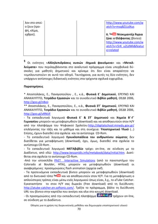 Οδθγίεσ για τθ χριςθ τθσ διερευνθτικισ μεκόδου και δθμιουργία υποςτθρικτικοφ υλικοφ
70
λον ςτο οποί-
ο ηουν (τρο-
φι, κλίµα,
εχκροί).
http://www.youtube.com/w
atch?v=msqBZ1LdXus
6. Ντοκιμαντζρ Άγρια
ηϊα: ο Ελζφαντασ (βίντεο)
http://www.youtube.com/w
atch?v=rSrK_u2LdWk&featur
e=related
§
Οι ενότθτεσ «Αλλθλεπιδράςεισ ουςιϊν -Χθµικά φαινόµενα» και «Μεταλ-
λεφµατα» που περιλαμβάνονται ςτο αναλυτικό πρόγραμμα είναι υπερβολικά δφ-
ςκολεσ για μακθτζσ Δθμοτικοφ και κρίναμε ότι δεν είναι απαραίτθτο να
«εμπλουτιςτοφν» ςε αυτό τον οδθγό. Ταυτόχρονα, για αυτζσ τισ δφο ενότθτεσ, δεν
υπάρχουν αντίςτοιχεσ διδακτικζσ ενότθτεσ ςτα τρζχοντα ςχολικά εγχειρίδια.
Ραρατθριςεισ
* Αποςτολάκθσ, Ε., Ραναγοποφλου , Ε., κ.ά., Φυςικά Εϋ Δθμοτικοφ, Ε΢ΕΥΝΩ ΚΑΙ
ΑΝΑΚΑΛΥΡΤΩ, Τετράδιο Εργαςιϊν και το ςυνοδευτικό Βιβλίο μακθτι, ΟΕΔΒ 2006,
http://goo.gl/nBoii
** Αποςτολάκθσ, Ε., Ραναγοποφλου, Ε., κ.ά., Φυςικά ΣΤϋ Δθμοτικοφ, Ε΢ΕΥΝΩ ΚΑΙ
ΑΝΑΚΑΛΥΡΤΩ, Τετράδιο Εργαςιϊν και το ςυνοδευτικό Βιβλίο μακθτι, ΟΕΔΒ 2006,
http://goo.gl/vRNUF
- Τα εκπαιδευτικά λογιςμικά Φυςικά Εϋ & ΣΤϋ Δθμοτικοφ και Χθμεία Βϋ-Γϋ
Γυμναςίου μποροφν να μεταφορτωκοφν (download) και να αποκθκευτοφν ςτον Θ/Υ
από τθν πλατφόρμα του Ψθφιακοφ Σχολείου:http://digitalschool.minedu.gov.gr/
επιλζγοντασ τθν τάξθ και το μάκθμα και ςτθ ςυνζχεια: Υποςτθρικτικό Υλικό (…)
Επίςθσ, ζχουν διατεκεί ςτα ςχολεία και τα αντίςτοιχα CD-Rom.
- Το εκπαιδευτικό λογιςμικό Εγκυκλοπαίδεια του ανκρωπίνου ςϊματοσ δεν
διατίκεται για μεταφόρτωςθ (download), ζχει, όμωσ, διατεκεί ςτα ςχολεία το
αντίςτοιχο CD-Rom .
- Τo εκπαιδευτικό λογιςμικό ΜΕΤΑβιβλίο τρζχει on-line, ςε ςφνδεςθ με το
Διαδίκτυο, από εδϊ: http://www.kessanidis.info/metabook/data/initial.htm. Διατί-
κεται ςτα ςχολεία το αντίςτοιχο CD-Rom.
-Από τθν ιςτοςελίδα PhET Interactive Simulations (από το πανεπιςτιμιο του
Colorado at Boulder, ΘΡΑ), μποροφν να μεταφορτωκοφν (download) οι
αναφερόμενεσ προςομοιϊςεισ flash animation (αρχεία swf).
- Τα προτεινόμενα εκπαιδευτικά βίντεο μποροφν να μεταφορτωκοφν (download)
από το δικτυακό τόπο και να αποκθκευτοφν ςτον Θ/Υ. Για τθ μεταφόρτωςθ ο
απλοφςτεροσ τρόποσ είναι μζςω ενόσ λογιςμικοφ όπωσ είναι, λ.χ., το aTube Catcher.
Εγκαταςτιςτε το ςτον Θ/Υ ςασ δωρεάν (free download) από τθ διεφκυνςθ:
http://atube-catcher.en.softonic.com/. Τρζξτε το πρόγραμμα, βάλτε τθ διεφκυνςθ
URL του βίντεο ςτθν καρτζλα που ανοίγει και κλικ ςτο κουμπί download.
- Οι προςομοιϊςεισ από τθν εκπαιδευτικι πλατφόρμα τρζχουν on-line,
ςε ςφνδεςθ με το Διαδίκτυο.
 