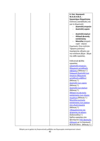 Οδθγίεσ για τθ χριςθ τθσ διερευνθτικισ μεκόδου και δθμιουργία υποςτθρικτικοφ υλικοφ
82
6. Εκπ. λογιςμικό:
Μ.Α.Κ.Θ.Μ.Α. -
Εργαςτιριο Κερμότθτασ
Ενότθτεσ (κατάλλθλεσ και
για το Δθμοτικό):
- Διαςτολι ςτερεϊν
- Διαςτολι υγρϊν
- Διαςτολι αερίων
- Αλλαγι φυςικισ
κατάςταςθσ
- Μοντζλα (ςτερεό -
υγρό - αζριο)
Σθμείωςθ: Στθν ενότθτα
"Δραςτθ-ριότθτεσ"
περιζχονται οδθγίεσ για
τθν εκτζλεςθ βιμα - βιμα
τθσ κάκε εργαςίασ.
Ενδεικτικά φφλλα
εργαςίασ:
«Διαςτολι ςτερεϊν -
Θζρμανςθ μεταλλικισ
ςφαίρασ» (Μόκιασ Γ.)
Γραμμικι διαςτολι των
ςτερεϊν (κζρμανςθ
μεταλλικισ ράβδου)
(Μόκιασ Γ.)
Διαςτολι των υγρϊν
(Μόκιασ Γ.)
Διαςτολι των αερίων
(Μόκιασ Γ.)
Αλλαγι τθσ φυςικισ
κατάςταςθσ των υλικϊν
ςωμάτων (Μόκιασ Γ.)
Μοντζλα κινθτικισ
κατάςταςθσ των μορίων
ςτα υλικά ςϊματα
(Μόκιασ Γ.)
«Θερμαίνοντασ και
ψφχοντασ τα αζρια»
(Σαλονικίδθσ Γ.)
Σχζδιο εργαςίασ ςτα
φαινόμενα Τιξθ-βραςμόσ-
εξάτμιςθ με το λογιςμικό
Μ.Α.Θ.Θ.Μ.Α. (Μόκιασ Γ.)
 