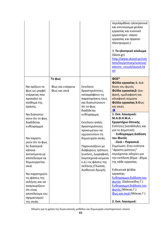 Οδθγίεσ για τθ χριςθ τθσ διερευνθτικισ μεκόδου και δθμιουργία υποςτθρικτικοφ υλικοφ
88
περιλαμβάνει θλεκτρονικά
και εκτυπϊςιμα φφλλα
εργαςίασ και εικονικό
εργαςτιριο -πάγκο
εργαςίασ και όργανα-
Ηλεκτριςμοφ.)
3. Το θλεκτρικό κφκλωμα
(Skool.gr)
http://www.skoool.gr/con
tent/los/primary/science/
electric_circuit/launch.ht
ml
Να ορίηουν το
φωσ ωσ µορφι
ενζργειασ που
προκαλεί το
αίςκθµα τθσ
όραςθσ.
Να διαπιςτϊ-
ςουν ότι το φωσ
διαδίδεται
ευκφγραµµα.
Να παρατθ-
ροφν ότι το φωσ
δε διαπερνά
κάποια
αντικείµενα µε
αποτζλεςµα να
δθµιουργείται
ςκιά.
Να παρατθροφν
τισ φάςεισ τθσ
ςελινθσ και να
αναγνωρίηουν
ότι είναι
αποτζλεςµα του
ςχθµατιςµοφ
τθσ ςκιάσ.
Το φωσ
Φωσ και ενζργεια
Φωσ και ςκιά
Εκτελοφν
δραςτθριότθτεσ,
καταγράφουν τισ
παρατθριςεισ τουσ
και διαπιςτϊνουν
ότι το φωσ
διαδίδεται
ευκφγραµµα.
Εκτελοφν απλζσ
δραςτθριότθτεσ
προκειµζνου να
ερµθνεφςουν τθ
δθµιουργία ςκιάσ.
Ραρουςιάηουν µε
διάφορουσ τρόπουσ
(εικόνεσ, ηωγραφικι,
λογοτεχνικά κείµενα
κ.ά.) τισ φάςεισ τθσ
ςελινθσ (Γλϊςςα,
Αιςκθτικι Αγωγι).
ΦΩΣ*
Φφλλο εργαςίασ 1: Διά-
δοςθ του φωτόσ
Φφλλο εργαςίασ2: Δια-
φανι, θμιδιαφανι και
αδιαφανι ςϊματα
Φφλλο εργαςίασ 3:Φωσ
και ςκιζσ

1. Εκπ. λογιςμικό:
Μ.Α.Κ.Θ.Μ.Α. -
Εργαςτιριο Οπτικισ
Ενότθτεσ (κατάλλθλεσ και
για το Δθμοτικό):
- Ευκφγραμμθ Διάδοςθ
του Φωτόσ
-Σκιά – Ραραςκιά
Σθμείωςθ: Στθν ενότθτα
"Δραςτθ-ριότθτεσ"
περιζχονται οδθγίεσ για
τθν εκτζλεςθ βιμα - βιμα
τθσ κάκε εργαςίασ.
Ενδεικτικά φφλλα
εργαςίασ:
Ευκφγραμμθ διάδοςθ του
φωτόσ (Σαλονικίδθσ Γ.)
Ευκφγραμμθ διάδοςθ του
φωτόσ (Μόκιασ Γ.)
Φωσ και ςκιά (Μόκιασ Γ.)
2. Εκπ. λογιςμικό:
 