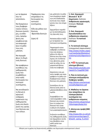 Οδθγίεσ για τθ χριςθ τθσ διερευνθτικισ μεκόδου και δθμιουργία υποςτθρικτικοφ υλικοφ
98
µε τα όργανα
που το
αποτελοφν.
Να διακρίνουν
τουσ διαφορε-
τικοφσ τφπουσ
δοντιϊν (κοπτι-
ρεσ, κυνόδο-
ντεσ, προγόµ-
φιουσ και
γοµφίουσ) και
να αναγνωρί-
ηουν το ρόλο
τουσ ςτθ
µάςθςθ.
Να περιγρά-
φουν τθ δοµι
ενόσ δοντιοφ.
Να αναφζρουν
ςυνικειεσ τθσ
κακθµερινισ
ηωισ που
ςυµβάλλουν
ςτθν καλι
λειτουργία του
πεπτικοφ
ςυςτιµατοσ.
Να αιτιολογοφν
τθ κετικι ι
αρνθτικι
επίδραςθ
πρακτικϊν τθσ
κακθµερινισ
ηωισ ςτθ διατι-
ρθςθ τθσ υγείασ
των δοντιϊν και
των οφλων.
Ραράγοντεσ που
επθρεάηουν τθ
λειτουργία του
πεπτικοφ
ςυςτιµατοσ
Είδθ και ρόλοσ των
δοντιϊν
Φροντίδα δοντιϊν
(ϊρεσ 4)
και µελετοφν το ρόλο
των επιµζρουσ οργά-
νων ςτθ διαδικαςία
αυτι και τουσ παρά-
γοντεσ που τθν επθρε-
άηουν.
Σχθµατίηουν ταµπλό
µε τα αποτελζςµατα
τθσ ζρευνάσ τουσ.
Καταςκευάηουν παηλ
µε τα όργανα του
πεπτικοφ ςυςτιµατοσ.
Ραρατθροφν ςτον
κακρζφτθ τα δόντια
τουσ και αναγνω-
ρίηουν ότι όλα τα
δόντια τουσ δεν είναι
όµοια, ότι τα δόντια
τουσ φφονται µζςα
από τα οφλα, ότι τα
µπροςτινά δόντια
είναι πιο κοφτερά.
∆αγκϊνουν και µα-
ςοφν τροφζσ και περι-
γράφουν το ρόλο των
διαφορετικϊν ειδϊν
δοντιϊν ςτθ µάςθςθ.
Εντοπίηουν ότι τα
δόντια εκτόσ από τθ
µάςθςθ βοθκοφν ςτθν
οµιλία.
Ηωγραφίηουν τθν
«ακτινογραφία» ενόσ
δοντιοφ και εντοπί-
ηουν το τµιµα του
δοντιοφ που είναι
ευάλωτο ςτθ δράςθ
των µικροοργανιςµϊν.
Συηθτοφν ςυνικειεσ
τθσ κακθµερινισ ηωισ
και ξεχωρίηουν αυτζσ
που βοθκοφν ςτθν
καλι υγεία των
δοντιϊν.
1. Εκπ. λογιςμικό:
Φυςικά Εϋ & ΣTϋ
Δθμοτικοφ, Ενότθτα:
Ανκρϊπινοσ οργανιςμόσ
Επιλογι: Ρεπτικό
ςφςτθμα
2. Εκπ. λογιςμικό:
Εγκυκλοπαίδεια του
ανκρϊπινου ςϊματοσ:
Ενότθτα: To πεπτικό
ςφςτθμα
3. To πεπτικό ςφςτθμα
(υπερμεςικι παρουςίαςθ)
http://www.rhodes.aegea
n.gr/sxedia/grafdaskalou/
anatomy/sub1/digestion.h
tm
4. Το πεπτικό μασ
ςφςτθμα (βίντεο)
http://www.youtube.com
/watch?v=TaogF8673A0
5. Ρϊσ το πεπτικό μασ
ςφςτθμα επεξεργάηεται
διάφορεσ τροφζσ
http://kitses.com/animati
on/swfs/digestion.swf
6. Μακαίνω τα όργανα
που απαρτίηουν τα
τζςςερα βαςικά
ςυςτιματα του
ανκρϊπινου ςϊματοσ
http://online.eduportal.gr
/efarmoges/body.htm
7. Δόντια και τροφι (BBC
schools)
http://www.bbc.co.uk/sch
ools/scienceclips/ages/7_
8/teeth_eating_fs.shtml
 