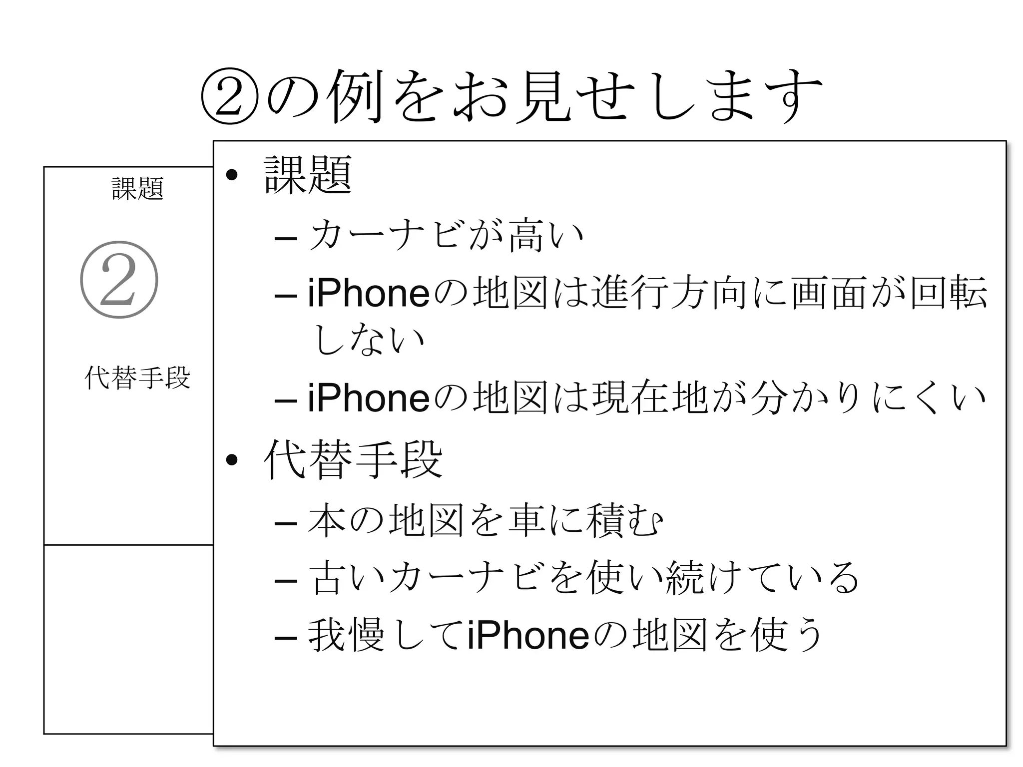 ②の例をお見せします
課題 解決策 UNIQUE
VALUE
PROPOSITION
競合優位性 顧客
iPhone＆車を持って
いて、カーナビを
持っていない人
カーナビを買った物
の地図が、古くて
困っている人
代替手段 主要指標 HIGH-LEVEL
CONCEPT
顧客流入元 アーリー
アダプター
iPhoneを車に持ち込
んで車体にセットす
るやつを持っていて
音楽を鳴らしてる人
費用構造 収益の流れ
②
③
④
⑤
⑥⑦
⑧
⑨
• 課題
– カーナビが高い
– iPhoneの地図は進行方向に画面が回転
しない
– iPhoneの地図は現在地が分かりにくい
• 代替手段
– 本の地図を車に積む
– 古いカーナビを使い続けている
– 我慢してiPhoneの地図を使う
 