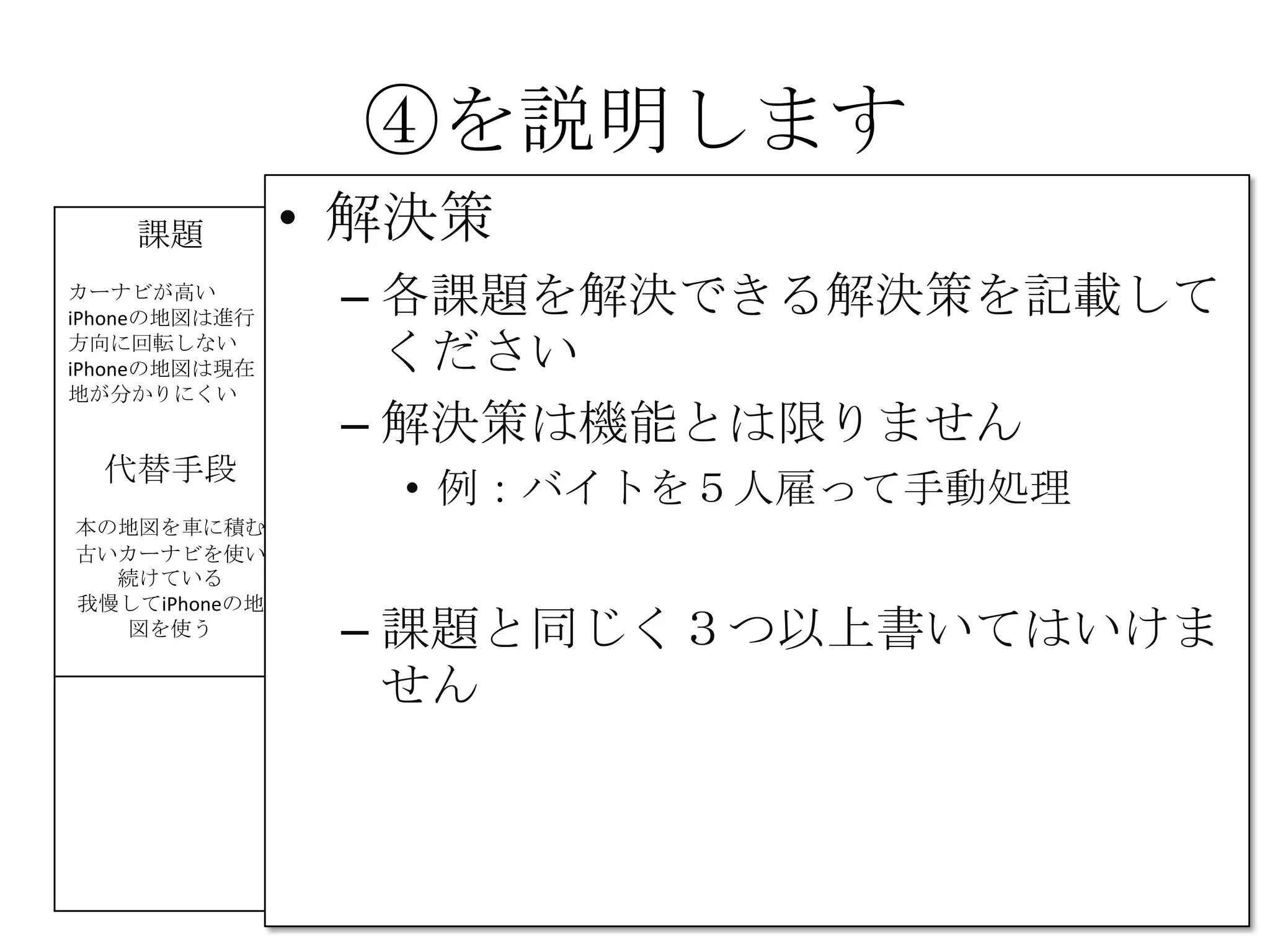 ④を説明します
課題
カーナビが高い
iPhoneの地図は進行
方向に回転しない
iPhoneの地図は現在
地が分かりにくい
解決策 UNIQUE
VALUE
PROPOSITION
今すぐ使える
無料のカーナビ
競合優位性 顧客
iPhone＆車を持って
いて、カーナビを
持っていない人
カーナビを買った物
の地図が、古くて
困っている人
代替手段
本の地図を車に積む
古いカーナビを使い
続けている
我慢してiPhoneの地
図を使う
主要指標 HIGH-LEVEL
CONCEPT
携帯が
カーナビになります
顧客流入元 アーリー
アダプター
iPhoneを車に持ち込
んで車体にセットす
るやつを持っていて
音楽を鳴らしてる人
費用構造 収益の流れ
④
⑤
⑥⑦
⑧
⑨
• 解決策
– 各課題を解決できる解決策を記載して
ください
– 解決策は機能とは限りません
• 例：バイトを５人雇って手動処理
– 課題と同じく３つ以上書いてはいけま
せん
 