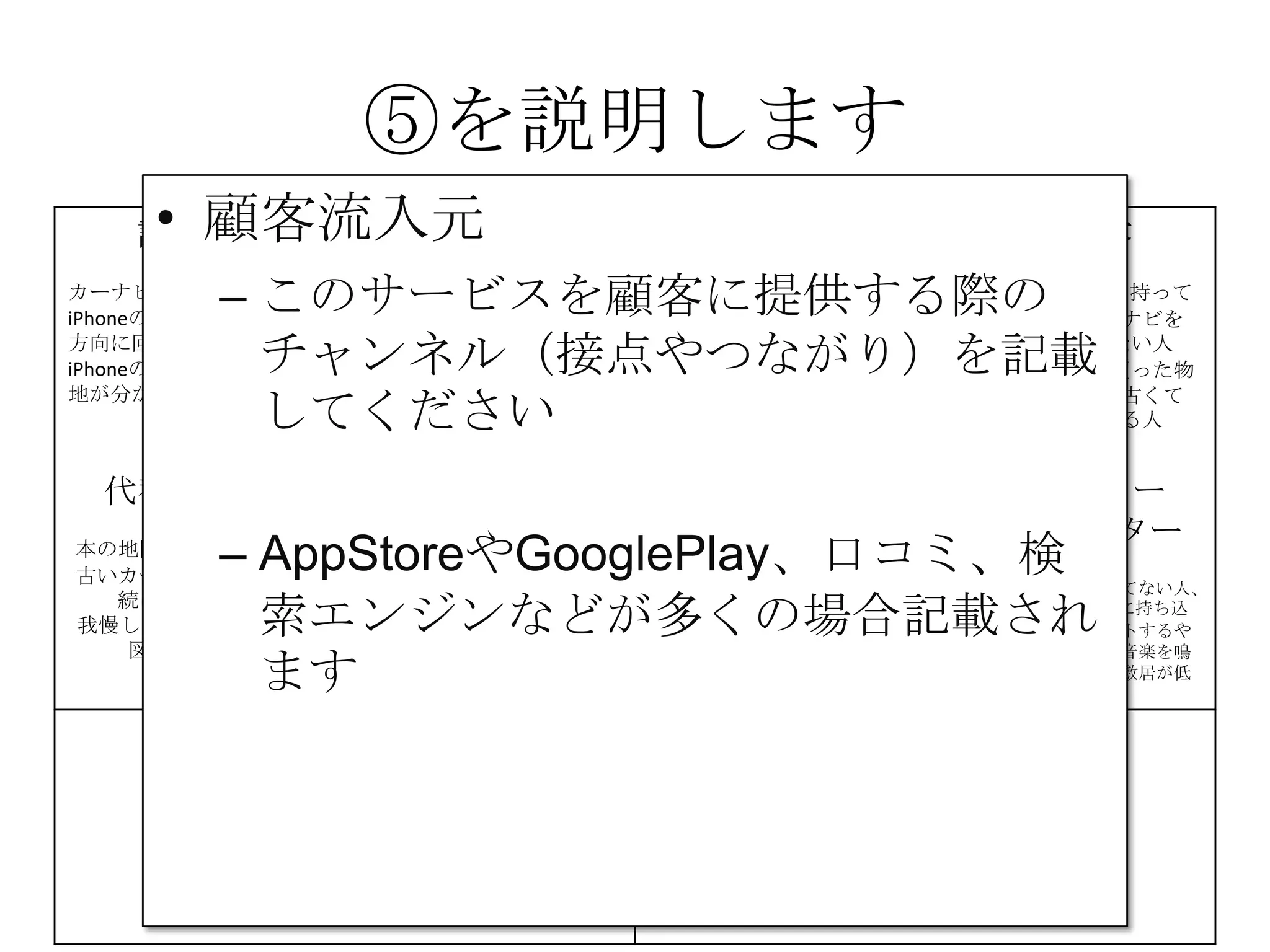 ⑤を説明します
課題
カーナビが高い
iPhoneの地図は進行
方向に回転しない
iPhoneの地図は現在
地が分かりにくい
解決策
iPhoneのMAPをカー
ナビとして利用
地図が進行方向に回
転する機能の提供
現在地を分かりやす
く
する
UNIQUE
VALUE
PROPOSITION
今すぐ使える
無料のカーナビ
競合優位性 顧客
iPhone＆車を持って
いて、カーナビを
持っていない人
カーナビを買った物
の地図が、古くて
困っている人
代替手段
本の地図を車に積む
古いカーナビを使い
続けている
我慢してiPhoneの地
図を使う
主要指標 HIGH-LEVEL
CONCEPT
携帯が
カーナビになります
顧客流入元 アーリー
アダプター
カーナビが買えてない人、
更にiPhoneを車に持ち込
んで車体にセットするや
つを持っていて音楽を鳴
らしてる人だと敷居が低
い
費用構造 収益の流れ
⑤
⑥⑦
⑧
⑨
• 顧客流入元
– このサービスを顧客に提供する際の
チャンネル（接点やつながり）を記載
してください
– AppStoreやGooglePlay、口コミ、検
索エンジンなどが多くの場合記載され
ます
 