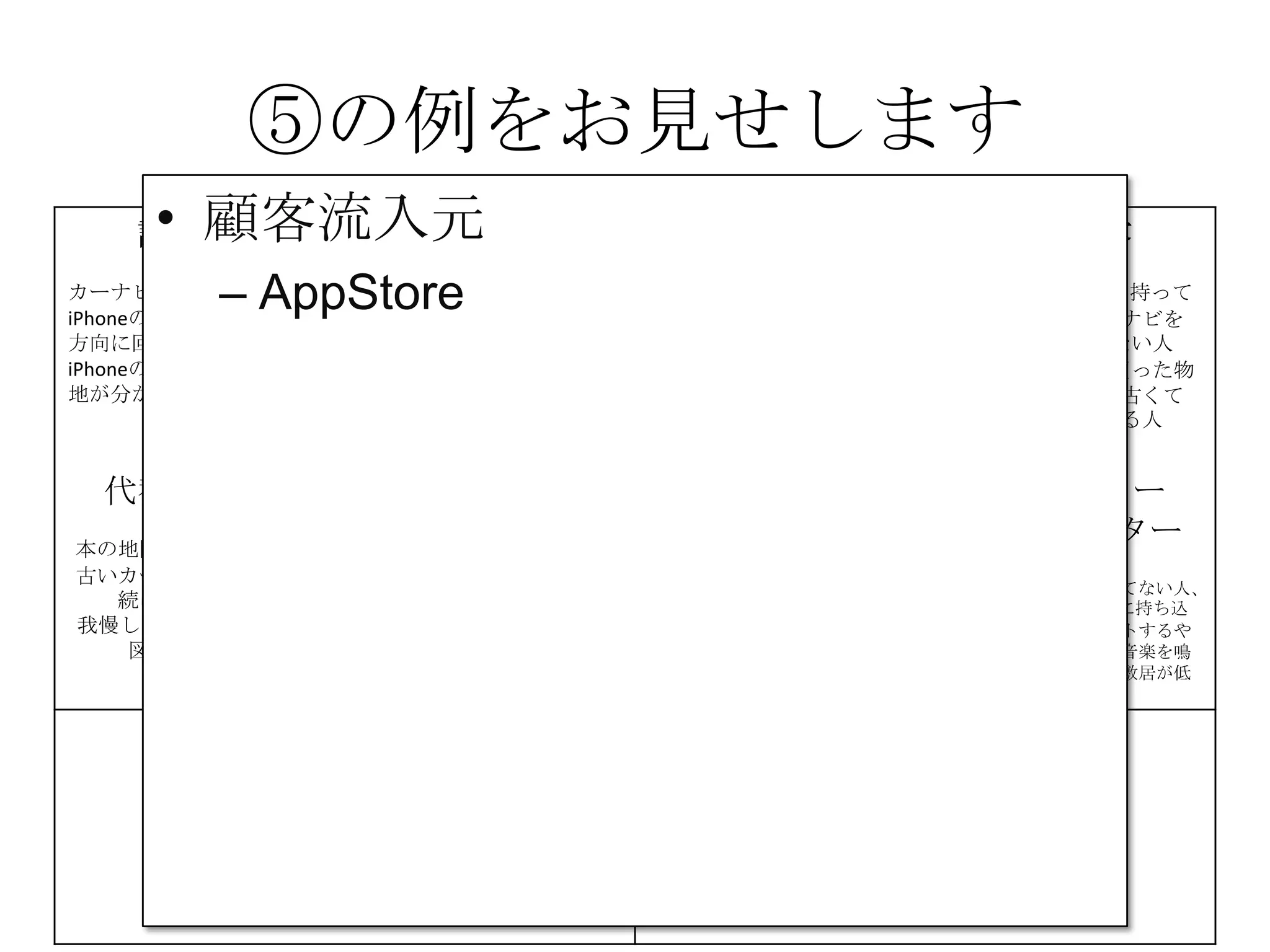 ⑤の例をお見せします
課題
カーナビが高い
iPhoneの地図は進行
方向に回転しない
iPhoneの地図は現在
地が分かりにくい
解決策
iPhoneのMAPをカー
ナビとして利用
地図が進行方向に回
転する機能の提供
現在地を分かりやす
く
する
UNIQUE
VALUE
PROPOSITION
今すぐ使える
無料のカーナビ
競合優位性 顧客
iPhone＆車を持って
いて、カーナビを
持っていない人
カーナビを買った物
の地図が、古くて
困っている人
代替手段
本の地図を車に積む
古いカーナビを使い
続けている
我慢してiPhoneの地
図を使う
主要指標 HIGH-LEVEL
CONCEPT
携帯が
カーナビになります
顧客流入元 アーリー
アダプター
カーナビが買えてない人、
更にiPhoneを車に持ち込
んで車体にセットするや
つを持っていて音楽を鳴
らしてる人だと敷居が低
い
費用構造 収益の流れ
⑤
⑥⑦
⑧
⑨
• 顧客流入元
– AppStore
 