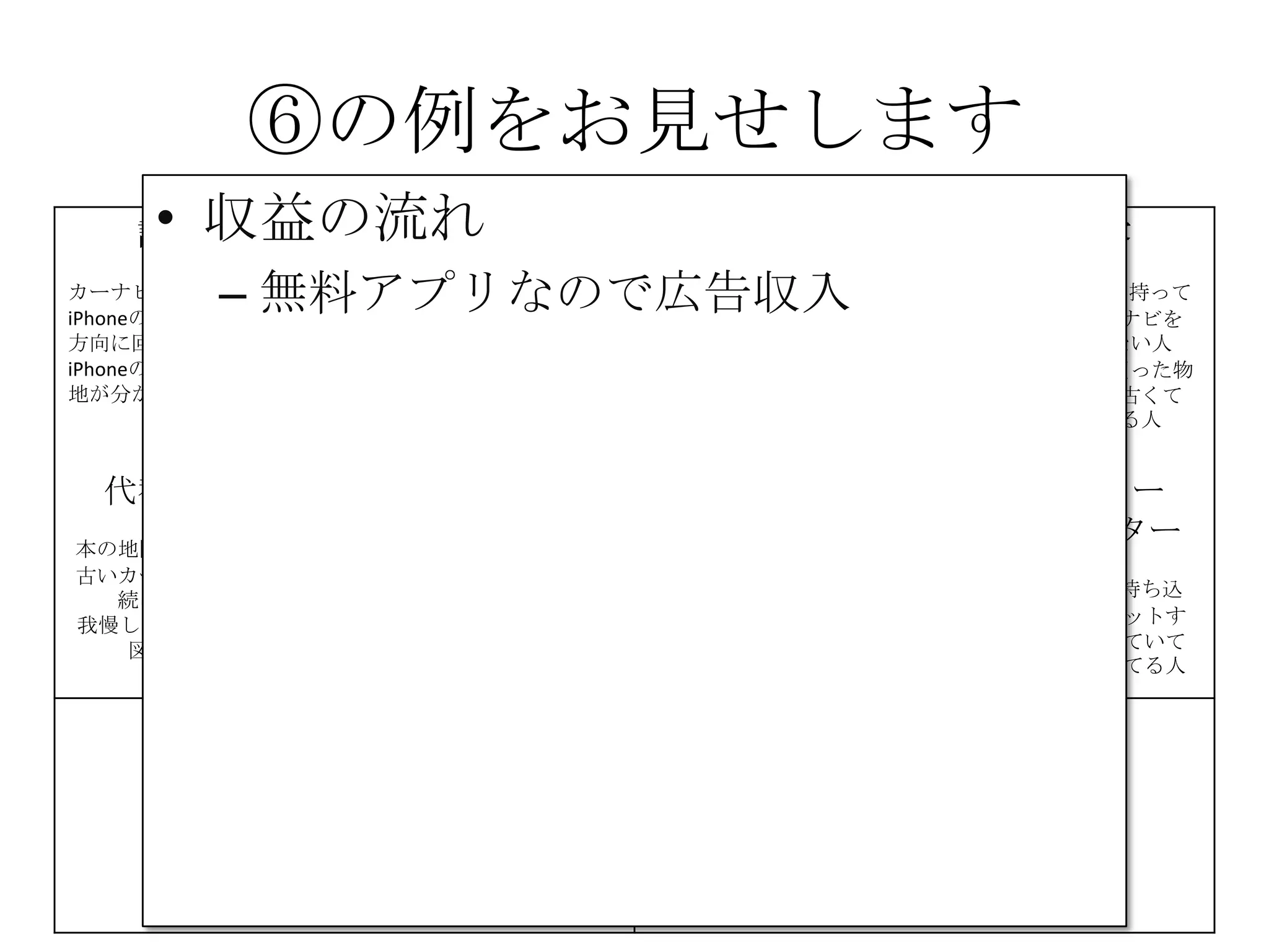⑥の例をお見せします
課題
カーナビが高い
iPhoneの地図は進行
方向に回転しない
iPhoneの地図は現在
地が分かりにくい
解決策
iPhoneのMAPをカー
ナビとして利用
地図が進行方向に回
転する機能の提供
現在地を分かりやす
く
する
UNIQUE
VALUE
PROPOSITION
今すぐ使える
無料のカーナビ
競合優位性 顧客
iPhone＆車を持って
いて、カーナビを
持っていない人
カーナビを買った物
の地図が、古くて
困っている人
代替手段
本の地図を車に積む
古いカーナビを使い
続けている
我慢してiPhoneの地
図を使う
主要指標 HIGH-LEVEL
CONCEPT
携帯が
カーナビになります
顧客流入元
AppStore
アーリー
アダプター
iPhoneを車に持ち込
んで車体にセットす
るやつを持っていて
音楽を鳴らしてる人
費用構造 収益の流れ
⑥⑦
⑧
⑨
• 収益の流れ
– 無料アプリなので広告収入
 