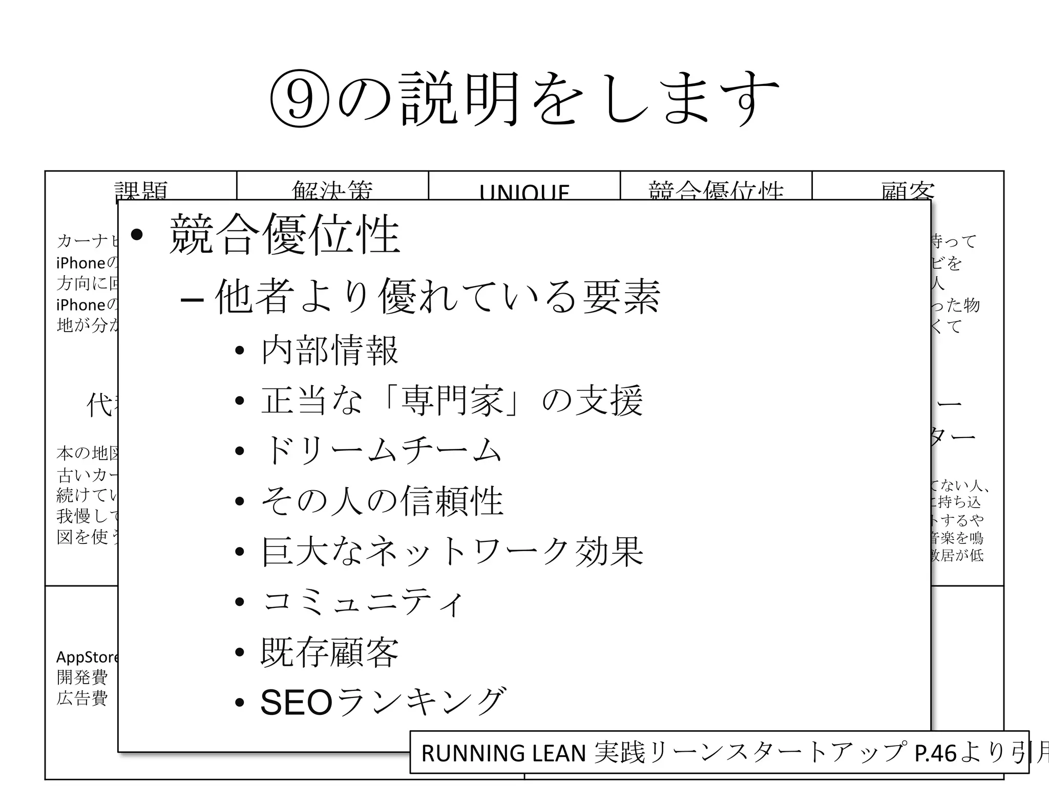 ⑨の説明をします
課題
カーナビが高い
iPhoneの地図は進行
方向に回転しない
iPhoneの地図は現在
地が分かりにくい
解決策
iPhoneのMAPをカー
ナビとして利用
地図が進行方向に回
転する機能の提供
現在地を分かりやす
く
する
UNIQUE
VALUE
PROPOSITION
今すぐ使える
無料のカーナビ
競合優位性 顧客
iPhone＆車を持って
いて、カーナビを
持っていない人
カーナビを買った物
の地図が、古くて
困っている人
代替手段
本の地図を車に積む
古いカーナビを使い
続けている
我慢してiPhoneの地
図を使う
主要指標
ダウンロード数
ダウンロード後に実
際に利用した人数
継続的に利用してい
る人数
HIGH-LEVEL
CONCEPT
携帯が
カーナビになります
顧客流入元
AppStore
アーリー
アダプター
カーナビが買えてない人、
更にiPhoneを車に持ち込
んで車体にセットするや
つを持っていて音楽を鳴
らしてる人だと敷居が低
い
費用構造
AppStore手数料 8400円/年
開発費
広告費
収益の流れ
無料アプリなので広告収入
⑨
• 競合優位性
– 他者より優れている要素
• 内部情報
• 正当な「専門家」の支援
• ドリームチーム
• その人の信頼性
• 巨大なネットワーク効果
• コミュニティ
• 既存顧客
• SEOランキング
RUNNING LEAN 実践リーンスタートアップ P.46より引用
 