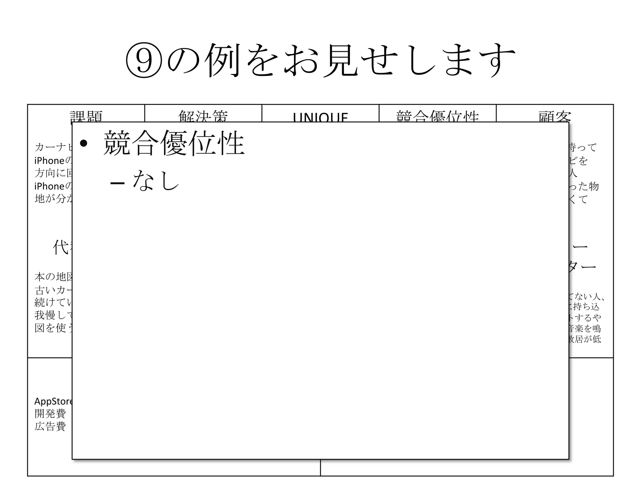 ⑨の例をお見せします
課題
カーナビが高い
iPhoneの地図は進行
方向に回転しない
iPhoneの地図は現在
地が分かりにくい
解決策
iPhoneのMAPをカー
ナビとして利用
地図が進行方向に回
転する機能の提供
現在地を分かりやす
く
する
UNIQUE
VALUE
PROPOSITION
今すぐ使える
無料のカーナビ
競合優位性 顧客
iPhone＆車を持って
いて、カーナビを
持っていない人
カーナビを買った物
の地図が、古くて
困っている人
代替手段
本の地図を車に積む
古いカーナビを使い
続けている
我慢してiPhoneの地
図を使う
主要指標
ダウンロード数
ダウンロード後に実
際に利用した人数
継続的に利用してい
る人数
HIGH-LEVEL
CONCEPT
携帯が
カーナビになります
顧客流入元
AppStore
アーリー
アダプター
カーナビが買えてない人、
更にiPhoneを車に持ち込
んで車体にセットするや
つを持っていて音楽を鳴
らしてる人だと敷居が低
い
費用構造
AppStore手数料 8400円/年
開発費
広告費
収益の流れ
無料アプリなので広告収入
⑨
• 競合優位性
– なし
 
