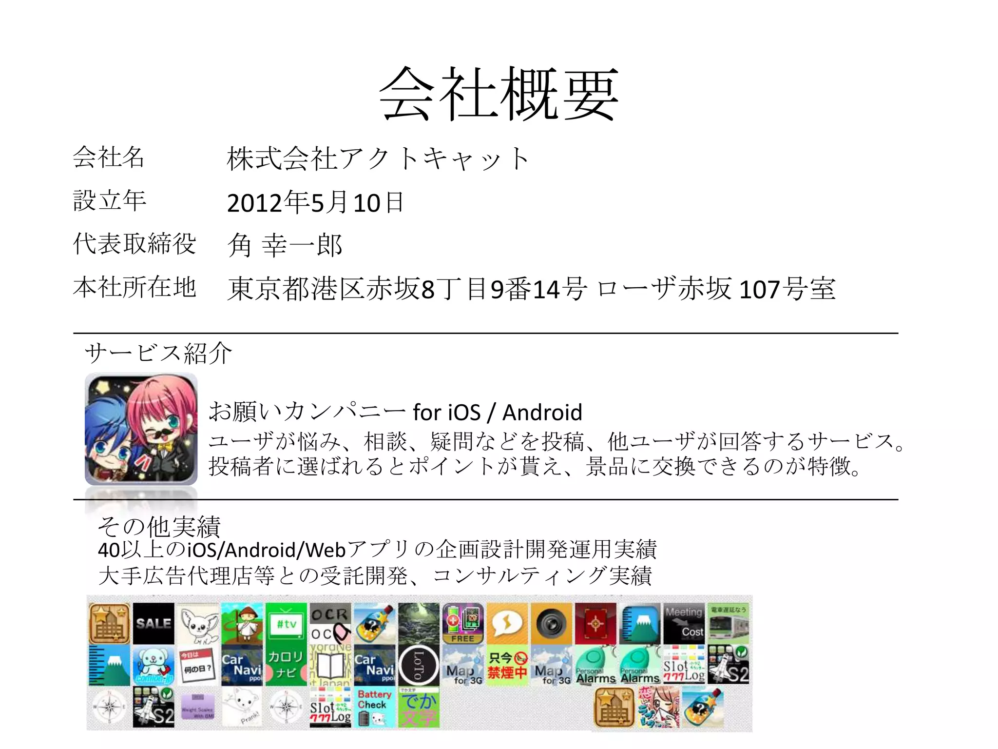 会社概要
会社名 株式会社アクトキャット
設立年 2012年5月10日
代表取締役 角 幸一郎
本社所在地 東京都港区赤坂8丁目9番14号 ローザ赤坂 107号室
サービス紹介
お願いカンパニー for iOS / Android
ユーザが悩み、相談、疑問などを投稿、他ユーザが回答するサービス。
投稿者に選ばれるとポイントが貰え、景品に交換できるのが特徴。
その他実績
40以上のiOS/Android/Webアプリの企画設計開発運用実績
大手広告代理店等との受託開発、コンサルティング実績
 