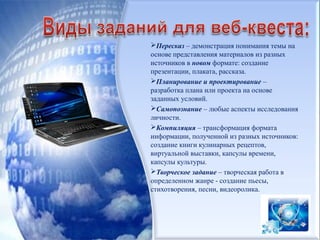 Пересказ – демонстрация понимания темы на
основе представления материалов из разных
источников в новом формате: создание
презентации, плаката, рассказа.
Планирование и проектирование –
разработка плана или проекта на основе
заданных условий.
Самопознание – любые аспекты исследования
личности.
Компиляция – трансформация формата
информации, полученной из разных источников:
создание книги кулинарных рецептов,
виртуальной выставки, капсулы времени,
капсулы культуры.
Творческое задание – творческая работа в
определенном жанре - создание пьесы,
стихотворения, песни, видеоролика.
 