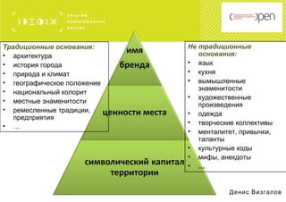 Традиционные основания:
• архитектура
• история города
• природа и климат
• географическое положение
• национальный колорит
• местные знаменитости
• ремесленные традиции,
предприятия
• …
Не традиционные
основания:
• язык
• кухня
• вымышленные
знаменитости
• художественные
произведения
• одежда
• творческие коллективы
• менталитет, привычки,
таланты
• культурные коды
• мифы, анекдоты
• …
Денис Визгалов
 