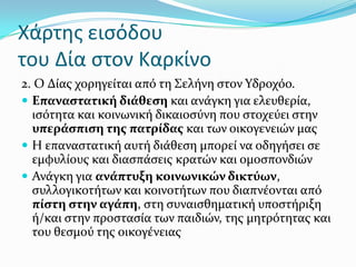 Χάρτησ ειςόδου
του Δία ςτον Καρκίνο
2. Ο Δύασ χορηγεύται από τη ΢ελόνη ςτον Τδροχόο.
 Επαναςτατικό διϊθεςη και ανϊγκη για ελευθερύα,
ιςότητα και κοινωνικό δικαιοςύνη που ςτοχεύει ςτην
υπερϊςπιςη τησ πατρύδασ και των οικογενειών μασ
 Η επαναςτατικό αυτό διϊθεςη μπορεύ να οδηγόςει ςε
εμφυλύουσ και διαςπϊςεισ κρατών και ομοςπονδιών
 Ανϊγκη για ανϊπτυξη κοινωνικών δικτύων,
ςυλλογικοτότων και κοινοτότων που διαπνϋονται από
πύςτη ςτην αγϊπη, ςτη ςυναιςθηματικό υποςτόριξη
ό/και ςτην προςταςύα των παιδιών, τησ μητρότητασ και
του θεςμού τησ οικογϋνειασ
 