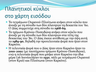 Πλανητικοί κφκλοι
ςτο χάρτη ειςόδου
 Σο τετρϊγωνο Ουρανού-Πλούτωνα ανόκει ςτον κύκλο που
ϊνοιξε με τη ςύνοδο των δύο πλανητών τη δεκαετύα του ’60.
Ο Δύασ ςυμμετεύχε ςτη ςύνοδο το 1968-69.
 Σο τρύγωνο Κρόνου-Ποςειδώνα ανόκει ςτον κύκλο που
ϊνοιξε με τη ςύνοδο των δύο πλανητών ςτα τϋλη τησ
δεκαετύασ του ’80. Ο Δύασ ϋκανε αντύθεςη με την όψη αυτό
το 1989-90, δηλαδό την προτελευταύα φορϊ που όταν ςτον
Καρκύνο.
 Η τελευταύα φορϊ που ο Δύασ όταν ςτον Καρκύνο όταν το
2001-2002 (με ταυτόχρονο τρύγωνο Κρόνου-Ποςειδώνα),
ενώ η τελευταύα φορϊ που μπόκε ςτον Καρκύνο την ύδια
μϋρα (26 Ιουνύου)όταν το 1930, πϊλι με τετρϊγωνο Ουρανού
(ςτον Κριό) και Πλούτωνα (ςτον Καρκύνο).
 