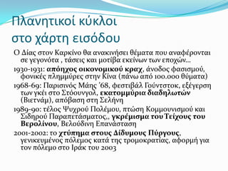 Πλανητικοί κφκλοι
ςτο χάρτη ειςόδου
Ο Δύασ ςτον Καρκύνο θα ανακινόςει θϋματα που αναφϋρονται
ςε γεγονότα , τϊςεισ και μοτύβα εκεύνων των εποχών…
1930-1931: απόηχοσ οικονομικού κραχ, ϊνοδοσ φαςιςμού,
φονικϋσ πλημμύρεσ ςτην Κύνα (πϊνω από 100.000 θύματα)
1968-69: Παριςινόσ Μϊησ ’68, φεςτιβϊλ Γούντςτοκ, εξϋγερςη
των γκϋι ςτο ΢τόουνγολ, εκατομμύρια διαδηλωτών
(Βιετνϊμ), απόβαςη ςτη ΢ελόνη
1989-90: τϋλοσ Ψυχρού Πολϋμου, πτώςη Κομμουνιςμού και
΢ιδηρού Παραπετϊςματοσ,, γκρϋμιςμα του Σεύχουσ του
Βερολύνου, Βελούδινη Επανϊςταςη
2001-2002: το χτύπημα ςτουσ Δύδυμουσ Πύργουσ,
γενικευμϋνοσ πόλεμοσ κατϊ τησ τρομοκρατύασ, αφορμό για
τον πόλεμο ςτο Ιρϊκ του 2003
 