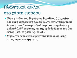 Πλανητικοί κφκλοι
ςτο χάρτη ειςόδου
 Σόςο η πτώςη του Σεύχουσ του Βερολύνου (9/11/1989)
όςο και η κατϊρρευςη των Δύδυμων Πύργων (11/9/2001)
ϋγιναν με τον Δύα ςτην 10η/11η μούρα του Καρκύνου, τη
μούρα δηλαδό τησ ςκιϊσ και τησ ορθοδρόμηςησ του Δύα
φϋτοσ (13/8/2013 και 6/3/2014)…
 Μόπωσ να περιμϋνουμε γεγονότα παρόμοιασ υφόσ
ςτουσ μόνεσ που ϋρχονται;
 
