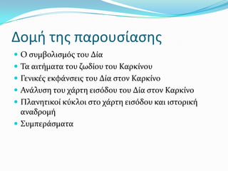 Δομθ τησ παρουςίαςησ
 Ο ςυμβολιςμόσ του Δύα
 Σα αιτόματα του ζωδύου του Καρκύνου
 Γενικϋσ εκφϊνςεισ του Δύα ςτον Καρκύνο
 Ανϊλυςη του χϊρτη ειςόδου του Δύα ςτον Καρκύνο
 Πλανητικού κύκλοι ςτο χϊρτη ειςόδου και ιςτορικό
αναδρομό
 ΢υμπερϊςματα
 