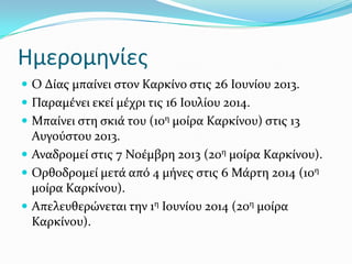 Ημερομηνίεσ
 Ο Δύασ μπαύνει ςτον Καρκύνο ςτισ 26 Ιουνύου 2013.
 Παραμϋνει εκεύ μϋχρι τισ 16 Ιουλύου 2014.
 Μπαύνει ςτη ςκιϊ του (10η μούρα Καρκύνου) ςτισ 13
Αυγούςτου 2013.
 Αναδρομεύ ςτισ 7 Νοϋμβρη 2013 (20η μούρα Καρκύνου).
 Ορθοδρομεύ μετϊ από 4 μόνεσ ςτισ 6 Μϊρτη 2014 (10η
μούρα Καρκύνου).
 Απελευθερώνεται την 1η Ιουνύου 2014 (20η μούρα
Καρκύνου).
 
