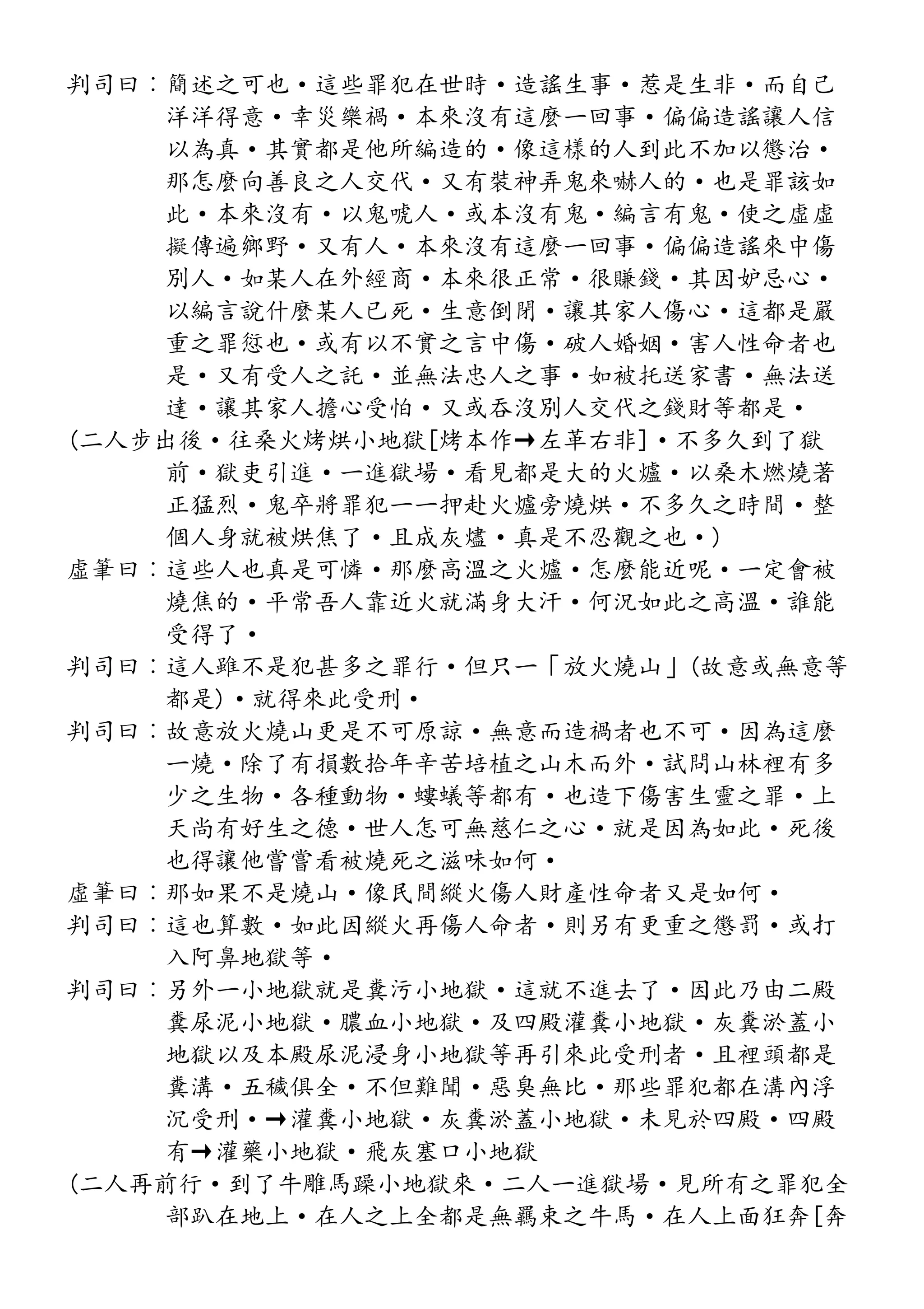 判司曰︰簡述之可也·這些罪犯在世時·造謠生事·惹是生非·而自己
洋洋得意·幸災樂禍·本來沒有這麼一回事·偏偏造謠讓人信
以為真·其實都是他所編造的·像這樣的人到此不加以懲治·
那怎麼向善良之人交代·又有裝神弄鬼來嚇人的·也是罪該如
此·本來沒有·以鬼唬人·或本沒有鬼·編言有鬼·使之虛虛
擬傳遍鄉野·又有人·本來沒有這麼一回事·偏偏造謠來中傷
別人·如某人在外經商·本來很正常·很賺錢·其因妒忌心·
以編言說什麼某人已死·生意倒閉·讓其家人傷心·這都是嚴
重之罪愆也·或有以不實之言中傷·破人婚姻·害人性命者也
是·又有受人之託·並無法忠人之事·如被托送家書·無法送
達·讓其家人擔心受怕·又或吞沒別人交代之錢財等都是·
(二人步出後·往桑火烤烘小地獄[烤本作→左革右非]·不多久到了獄
前·獄吏引進·一進獄場·看見都是大的火爐·以桑木燃燒著
正猛烈·鬼卒將罪犯一一押赴火爐旁燒烘·不多久之時間·整
個人身就被烘焦了·且成灰燼·真是不忍觀之也·)
虛筆曰︰這些人也真是可憐·那麼高溫之火爐·怎麼能近呢·一定會被
燒焦的·平常吾人靠近火就滿身大汗·何況如此之高溫·誰能
受得了·
判司曰︰這人雖不是犯甚多之罪行·但只一「放火燒山」(故意或無意等
都是)·就得來此受刑·
判司曰︰故意放火燒山更是不可原諒·無意而造禍者也不可·因為這麼
一燒·除了有損數拾年辛苦培植之山木而外·試問山林裡有多
少之生物·各種動物·螻蟻等都有·也造下傷害生靈之罪·上
天尚有好生之德·世人怎可無慈仁之心·就是因為如此·死後
也得讓他嘗嘗看被燒死之滋味如何·
虛筆曰︰那如果不是燒山·像民間縱火傷人財產性命者又是如何·
判司曰︰這也算數·如此因縱火再傷人命者·則另有更重之懲罰·或打
入阿鼻地獄等·
判司曰︰另外一小地獄就是糞污小地獄·這就不進去了·因此乃由二殿
糞尿泥小地獄·膿血小地獄·及四殿灌糞小地獄·灰糞淤蓋小
地獄以及本殿尿泥浸身小地獄等再引來此受刑者·且裡頭都是
糞溝·五穢俱全·不但難聞·惡臭無比·那些罪犯都在溝內浮
沉受刑·→灌糞小地獄·灰糞淤蓋小地獄·未見於四殿·四殿
有→灌藥小地獄·飛灰塞口小地獄
(二人再前行·到了牛雕馬躁小地獄來·二人一進獄場·見所有之罪犯全
部趴在地上·在人之上全都是無羈束之牛馬·在人上面狂奔[奔
 