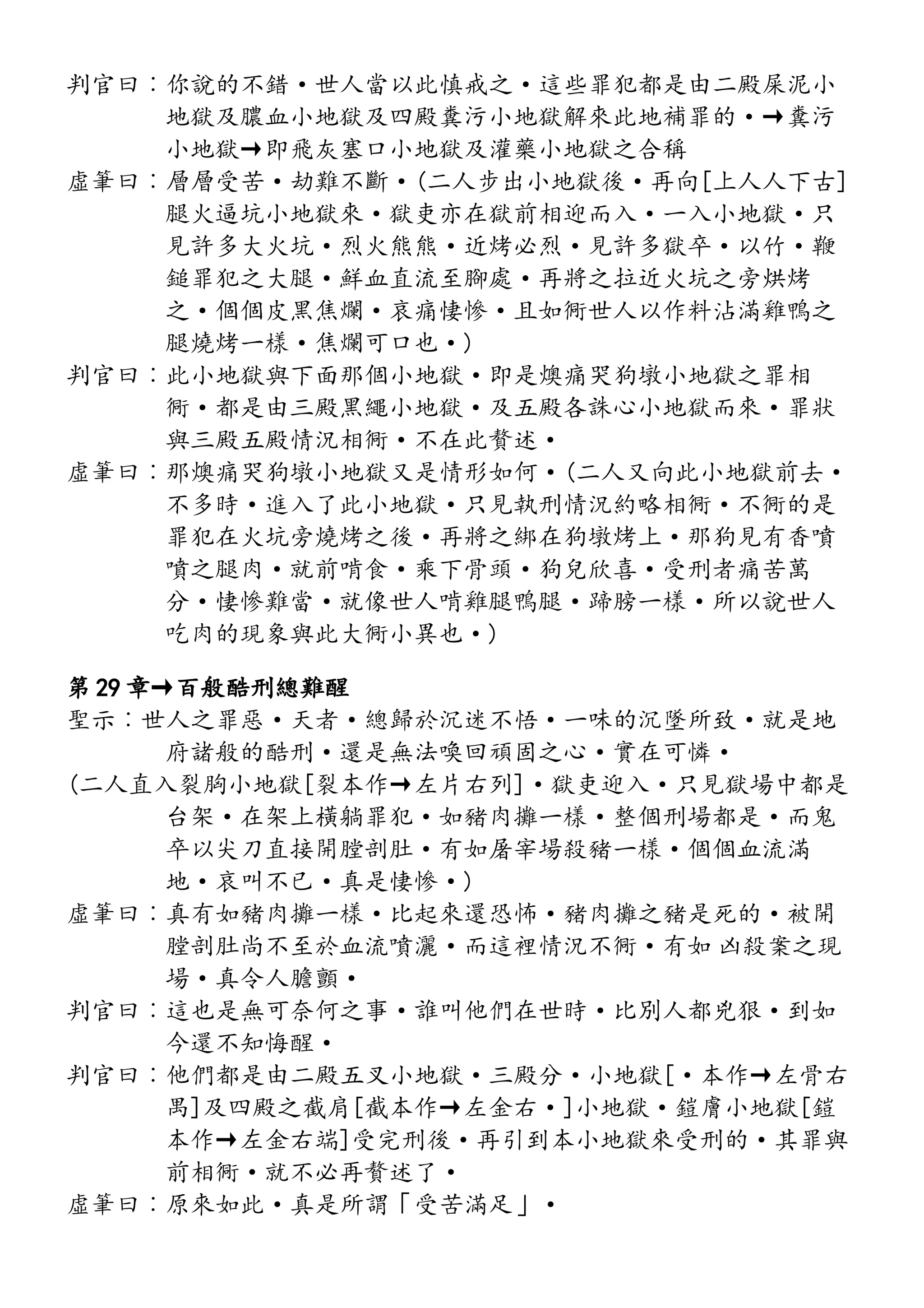 判官曰︰你說的不錯·世人當以此慎戒之·這些罪犯都是由二殿屎泥小
地獄及膿血小地獄及四殿糞污小地獄解來此地補罪的·→糞污
小地獄→即飛灰塞口小地獄及灌藥小地獄之合稱
虛筆曰︰層層受苦·劫難不斷·(二人步出小地獄後·再向[上人人下古]
腿火逼坑小地獄來·獄吏亦在獄前相迎而入·一入小地獄·只
見許多大火坑·烈火熊熊·近烤必烈·見許多獄卒·以竹·鞭
鎚罪犯之大腿·鮮血直流至腳處·再將之拉近火坑之旁烘烤
之·個個皮黑焦爛·哀痛悽慘·且如衕世人以作料沾滿雞鴨之
腿燒烤一樣·焦爛可口也·)
判官曰︰此小地獄與下面那個小地獄·即是燠痛哭狗墩小地獄之罪相
衕·都是由三殿黑繩小地獄·及五殿各誅心小地獄而來·罪狀
與三殿五殿情況相衕·不在此贅述·
虛筆曰︰那燠痛哭狗墩小地獄又是情形如何·(二人又向此小地獄前去·
不多時·進入了此小地獄·只見執刑情況約略相衕·不衕的是
罪犯在火坑旁燒烤之後·再將之綁在狗墩烤上·那狗見有香噴
噴之腿肉·就前啃食·乘下骨頭·狗兒欣喜·受刑者痛苦萬
分·悽慘難當·就像世人啃雞腿鴨腿·蹄膀一樣·所以說世人
吃肉的現象與此大衕小異也·)
第 29 章→百般酷刑總難醒
聖示︰世人之罪惡·天者·總歸於沉迷不悟·一味的沉墜所致·就是地
府諸般的酷刑·還是無法喚回頑固之心·實在可憐·
(二人直入裂胸小地獄[裂本作→左片右列]·獄吏迎入·只見獄場中都是
台架·在架上橫躺罪犯·如豬肉攤一樣·整個刑場都是·而鬼
卒以尖刀直接開膛剖肚·有如屠宰場殺豬一樣·個個血流滿
地·哀叫不已·真是悽慘·)
虛筆曰︰真有如豬肉攤一樣·比起來還恐怖·豬肉攤之豬是死的·被開
膛剖肚尚不至於血流噴灑·而這裡情況不衕·有如 凶殺案之現
場·真令人膽顫·
判官曰︰這也是無可奈何之事·誰叫他們在世時·比別人都兇狠·到如
今還不知悔醒·
判官曰︰他們都是由二殿五叉小地獄·三殿分·小地獄[·本作→左骨右
禺]及四殿之截肩[截本作→左金右·]小地獄·鎧膚小地獄[鎧
本作→左金右端]受完刑後·再引到本小地獄來受刑的·其罪與
前相衕·就不必再贅述了·
虛筆曰︰原來如此·真是所謂「受苦滿足」·
 