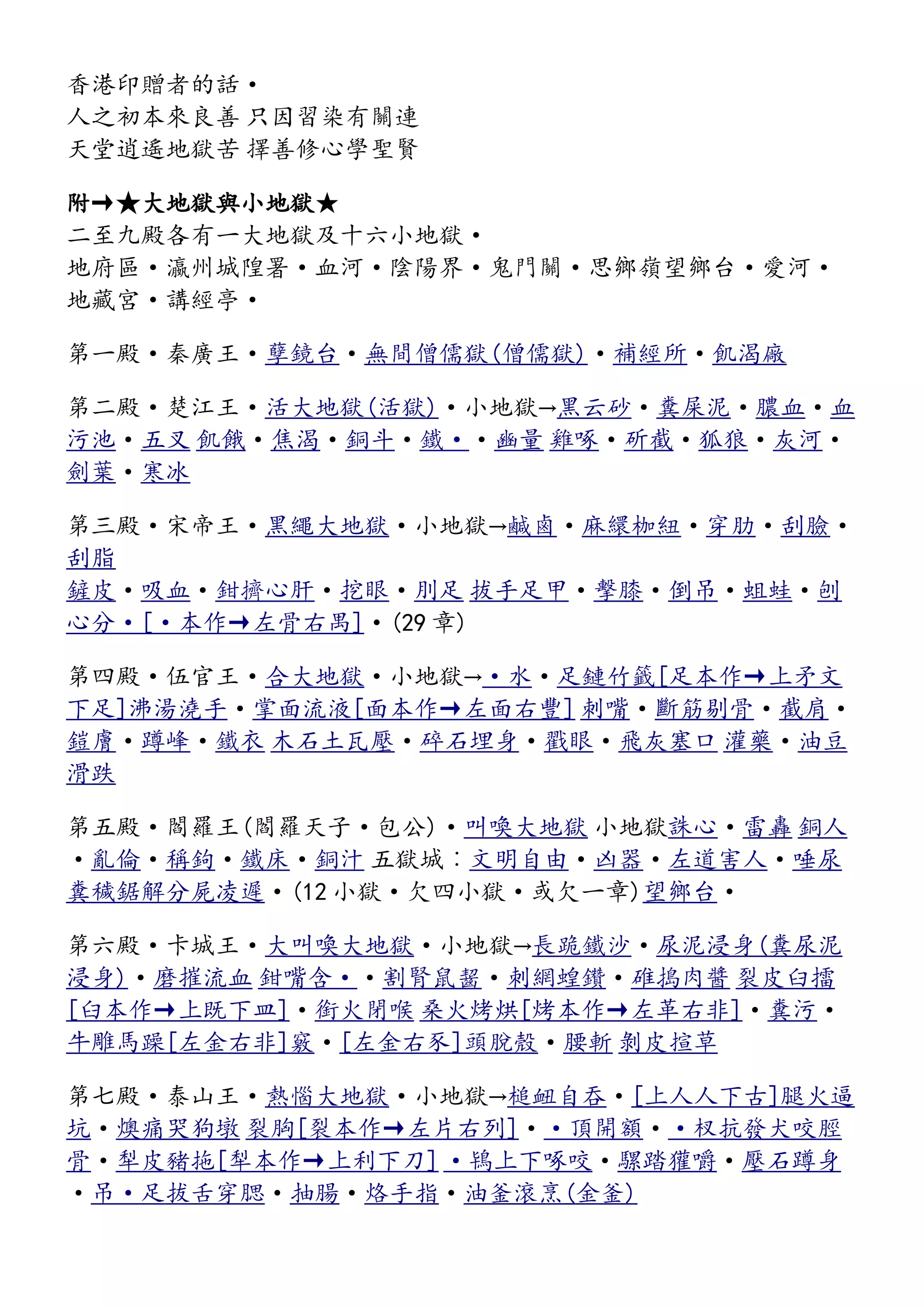 香港印贈者的話·
人之初本來良善 只因習染有關連
天堂逍遙地獄苦 擇善修心學聖賢
附→★大地獄與小地獄★
二至九殿各有一大地獄及十六小地獄·
地府區·瀛州城隍署·血河·陰陽界·鬼門關·思鄉嶺望鄉台·愛河·
地藏宮·講經亭·
第一殿·秦廣王·孽鏡台·無間僧儒獄(僧儒獄)·補經所·飢渴廠
第二殿·楚江王·活大地獄(活獄)·小地獄→黑云砂·糞屎泥·膿血·血
污池·五叉 飢餓·焦渴·銅斗·鐵··豳量 雞啄·斫截·狐狼·灰河·
劍葉·寒冰
第三殿·宋帝王·黑繩大地獄·小地獄→鹹鹵·麻繯枷紐·穿肋·刮臉·
刮脂
鏟皮·吸血·鉗擠心肝·挖眼·刖足 拔手足甲·擊膝·倒吊·蛆蛙·刨
心分·[·本作→左骨右禺]·(29 章)
第四殿·伍官王·合大地獄·小地獄→·水·足鏈竹籤[足本作→上矛文
下足]沸湯澆手·掌面流液[面本作→左面右豐] 刺嘴·斷筋剔骨·截肩·
鎧膚·蹲峰·鐵衣 木石土瓦壓·碎石埋身·戳眼·飛灰塞口 灌藥·油豆
滑跌
第五殿·閻羅王(閻羅天子·包公)·叫喚大地獄 小地獄誅心·雷轟 銅人
·亂倫·稱鉤·鐵床·銅汁 五獄城︰文明自由·凶器·左道害人·唾尿
糞穢鋸解分屍凌遲·(12 小獄·欠四小獄·或欠一章)望鄉台·
第六殿·卡城王·大叫喚大地獄·小地獄→長跪鐵沙·尿泥浸身(糞尿泥
浸身)·磨摧流血 鉗嘴含··割腎鼠齧·刺網蝗鑽·碓搗肉醬 裂皮臼擂
[臼本作→上既下皿]·銜火閉喉 桑火烤烘[烤本作→左革右非]·糞污·
牛雕馬躁[左金右非]竅·[左金右豕]頭脫殼·腰斬 剝皮揎草
第七殿·泰山王·熱惱大地獄·小地獄→槌衄自吞·[上人人下古]腿火逼
坑·燠痛哭狗墩 裂胸[裂本作→左片右列]··頂開額··杈抗發犬咬脛
骨·犁皮豬拖[犁本作→上利下刀] ·鴇上下啄咬·騾踏獾嚼·壓石蹲身
·吊·足拔舌穿腮·抽腸·烙手指·油釜滾烹(金釜)
 