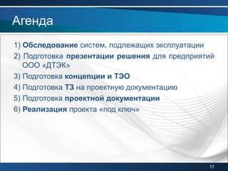 1) Обследование систем, подлежащих эксплуатации
2) Подготовка презентации решения для предприятий
ООО «ДТЭК»
3) Подготовка концепции и ТЭО
4) Подготовка ТЗ на проектную документацию
5) Подготовка проектной документации
6) Реализация проекта «под ключ»
Агенда
17
 