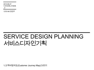 SERVICE DESIGN PLANNING
서비스디자인기획
1.고객여정지도(Customer Journey Map)그리기
2013.06.27
디자인매니지먼트
_4
1375146 권진주
 
