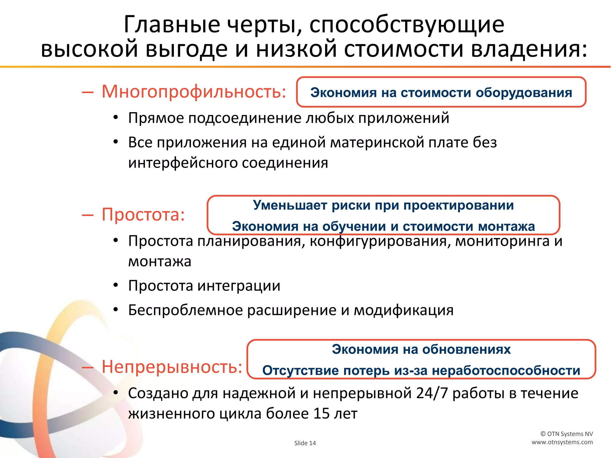 © OTN Systems NV
www.otnsystems.comSlide 14
Главные черты, способствующие
высокой выгоде и низкой стоимости владения:
– Mногопрофильность:
• Прямое подсоединение любых приложений
• Все приложения на единой материнской плате без
интерфейсного соединения
– Простота:
• Простота планирования, конфигурирования, мониторинга и
монтажа
• Простота интеграции
• Беспроблемное расширение и модификация
– Непрерывность:
• Создано для надежной и непрерывной 24/7 работы в течение
жизненного цикла более 15 лет
Экономия на стоимости оборудования
Уменьшает риски при проектировании
Экономия на обучении и стоимости монтажа
Экономия на обновлениях
Отсутствие потерь из-за неработоспособности
 