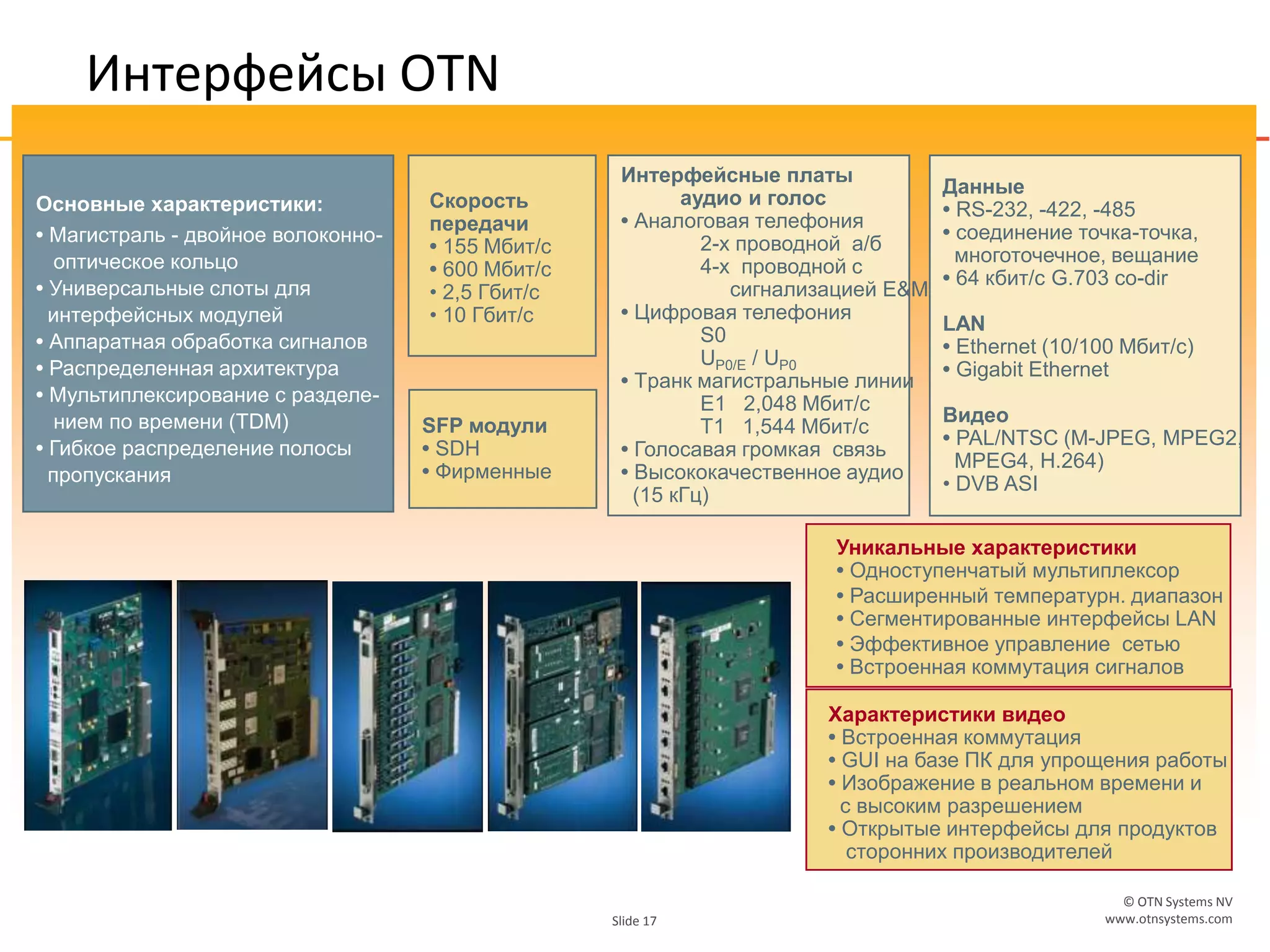 © OTN Systems NV
www.otnsystems.comSlide 17
Интерфейсы OTN
Основные характеристики:
• Магистраль - двойное волоконно-
оптическое кольцо
• Универсальные слоты для
интерфейсных модулей
• Аппаратная обработка сигналов
• Распределенная архитектура
• Мультиплексирование с разделе-
нием по времени (TDM)
• Гибкое распределение полосы
пропускания
SFP модули
• SDH
• Фирменные
Скорость
передачи
• 155 Мбит/с
• 600 Мбит/с
• 2,5 Гбит/с
• 10 Гбит/с
Уникальные характеристики
• Одноступенчатый мультиплексор
• Расширенный температурн. диапазон
• Сегментированные интерфейсы LAN
• Эффективное управление сетью
• Встроенная коммутация сигналов
Интерфейсные платы
аудио и голос
• Aналоговая телефония
2-х проводной a/б
4-х проводной с
сигнализацией E&M
• Цифровая телефония
S0
UP0/E / UP0
• Tранк магистральные линии
E1 2,048 Мбит/с
T1 1,544 Мбит/с
• Голосавая громкая связь
• Высококачественное аудио
(15 кГц)
Данные
• RS-232, -422, -485
• соединение точка-точка,
многоточечное, вещание
• 64 кбит/с G.703 co-dir
LAN
• Ethernet (10/100 Мбит/с)
• Gigabit Ethernet
Видео
• PAL/NTSC (M-JPEG, MPEG2,
MPEG4, H.264)
• DVB ASI
Характеристики видео
• Встроенная коммутация
• GUI на базе ПК для упрощения работы
• Изображение в реальном времени и
с высоким разрешением
• Oткрытые интерфейсы для продуктов
сторонних производителей
 