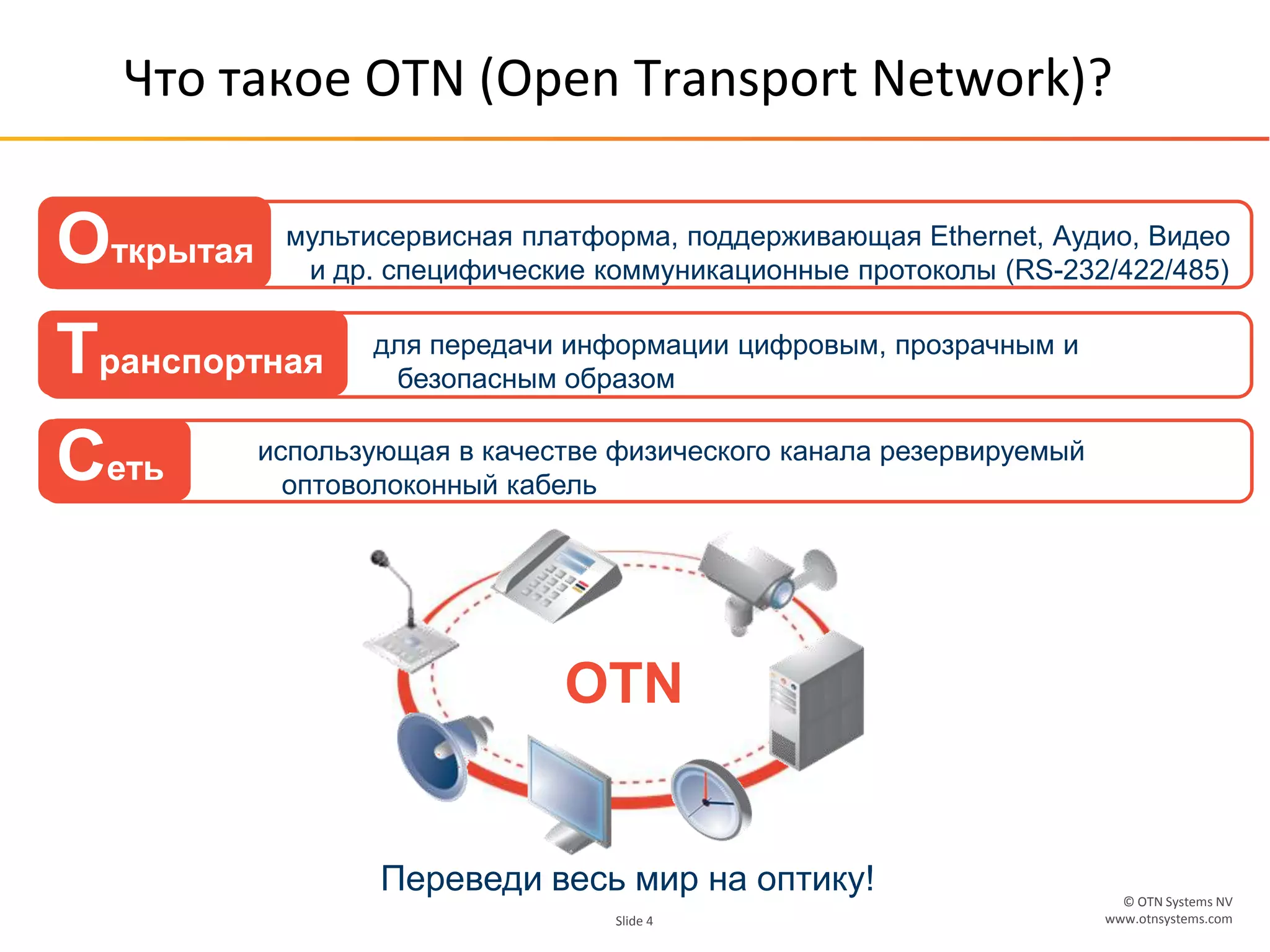 © OTN Systems NV
www.otnsystems.comSlide 4
Что такое OTN (Open Transport Network)?
мультисервисная платформа, поддерживающая Ethernet, Аудио, Видео
и др. специфические коммуникационные протоколы (RS-232/422/485)
Oткрытая
для передачи информации цифровым, прозрачным и
безопасным образом
использующая в качестве физического канала резервируемый
оптоволоконный кабель
Tранспортная
Сеть
OTN
Переведи весь мир на оптику!
 