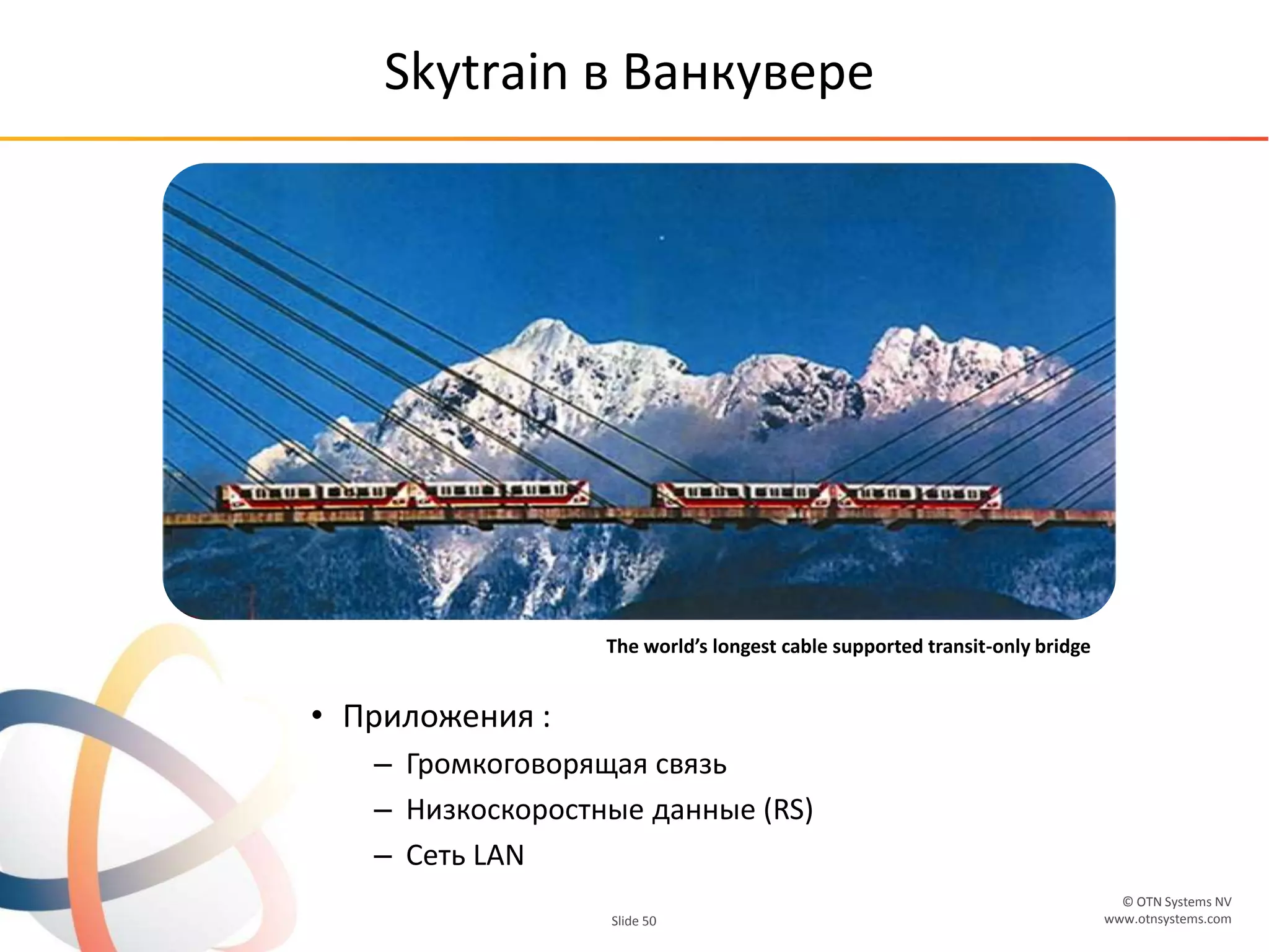 © OTN Systems NV
www.otnsystems.comSlide 50
Skytrain в Ванкувере
• Приложения :
– Громкоговорящая связь
– Низкоскоростные данные (RS)
– Сеть LAN
The world’s longest cable supported transit-only bridge
 