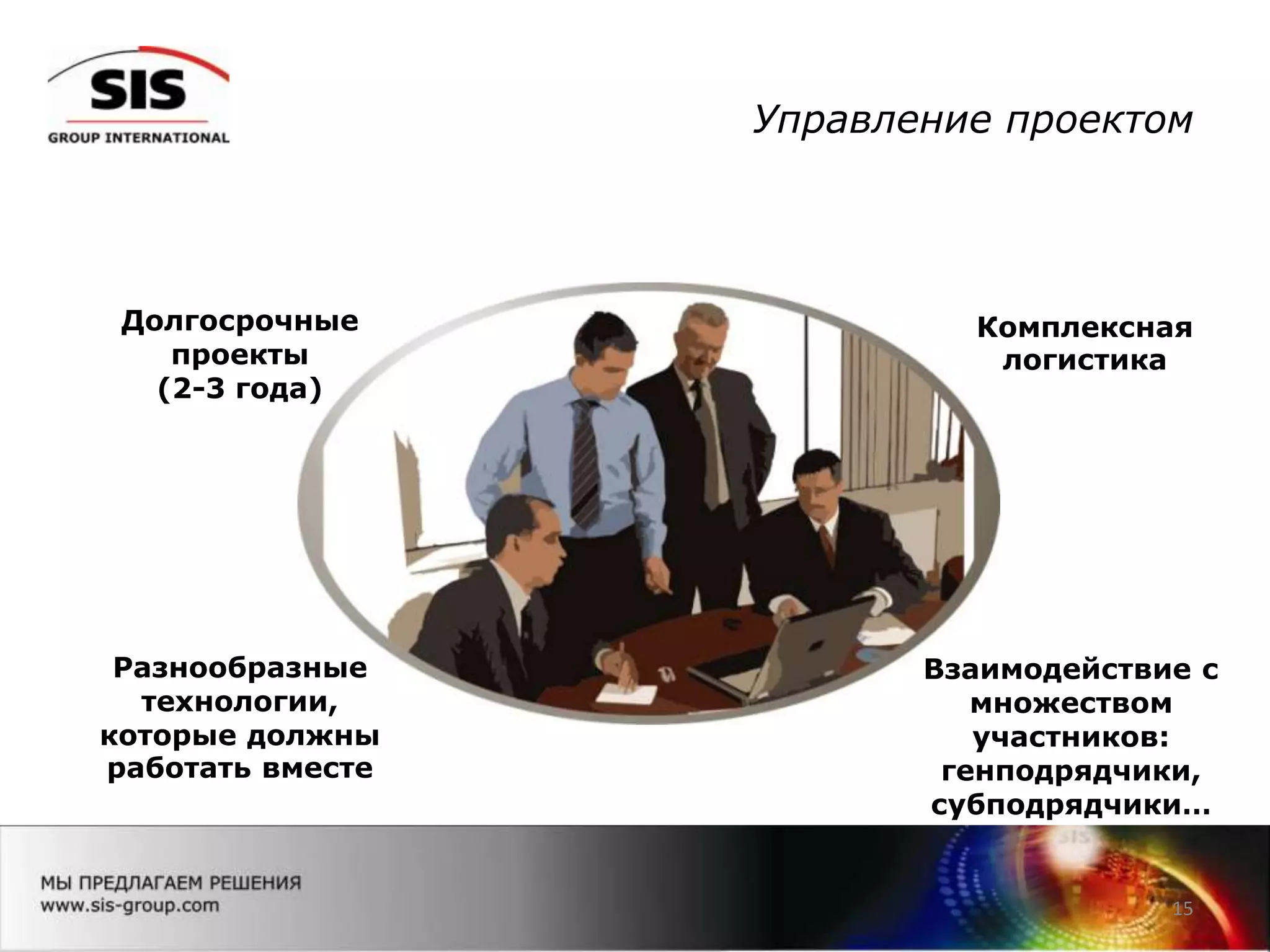 15
Комплексная
логистика
Разнообразные
технологии,
которые должны
работать вместе
Долгосрочные
проекты
(2-3 года)
Взаимодействие с
множеством
участников:
генподрядчики,
субподрядчики…
Управление проектом
 