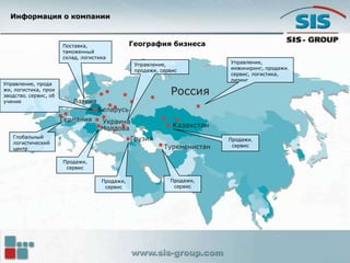 Информация о компании
Продажи,
сервис
Управление,
инжиниринг, продажи,
сервис, логистика,
лизинг
Управление,
продажи, сервис
Поставка,
таможенный
склад, логистика
Управление, прода
жи, логистика, прои
зводство, сервис, об
учение
Глобальный
логистический
центр
Продажи,
сервис
Продажи,
сервис
Продажи,
сервис
География бизнеса
 